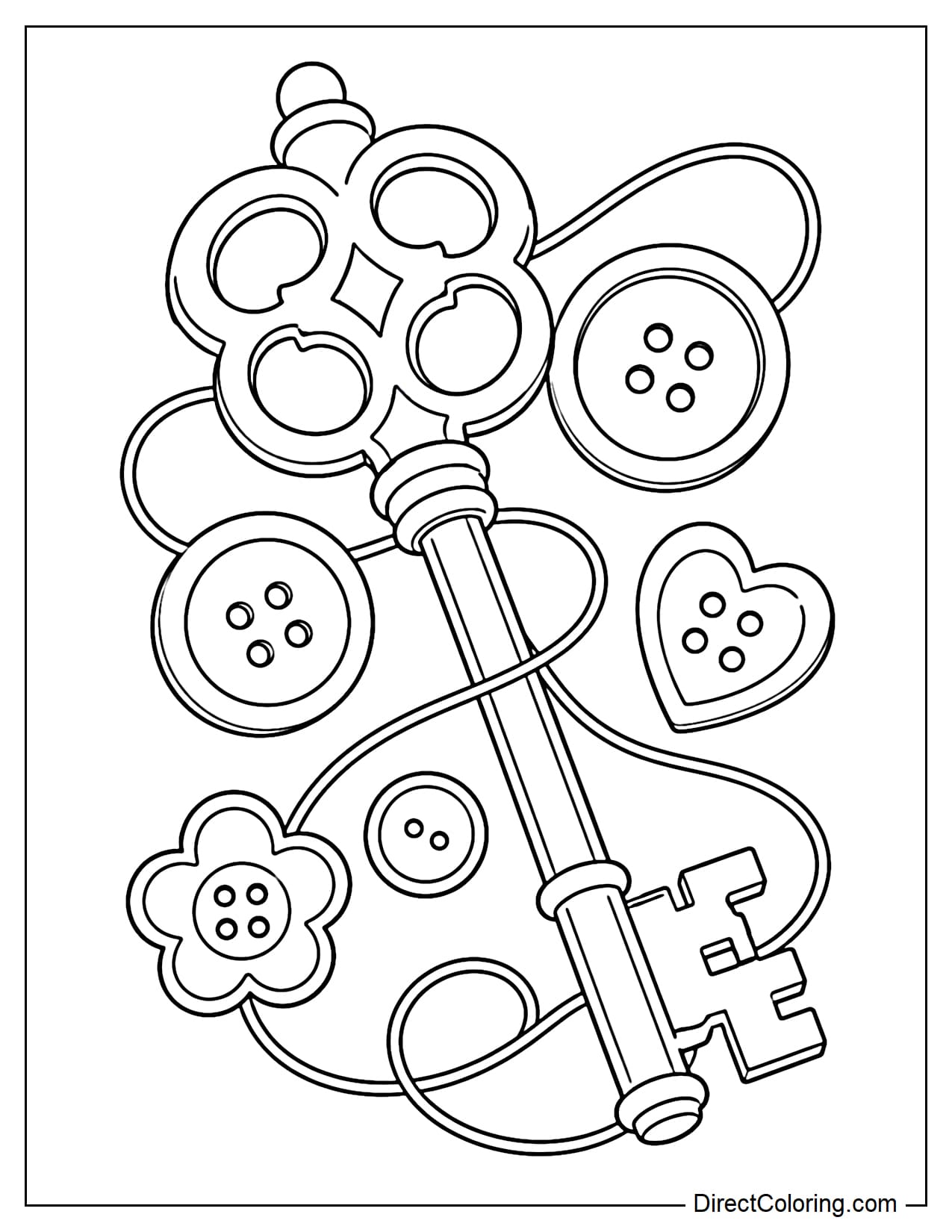 A large secret key lies diagonally across the center, its distinctive bow surrounded by several oversized buttons and a gently curving strand of thread.