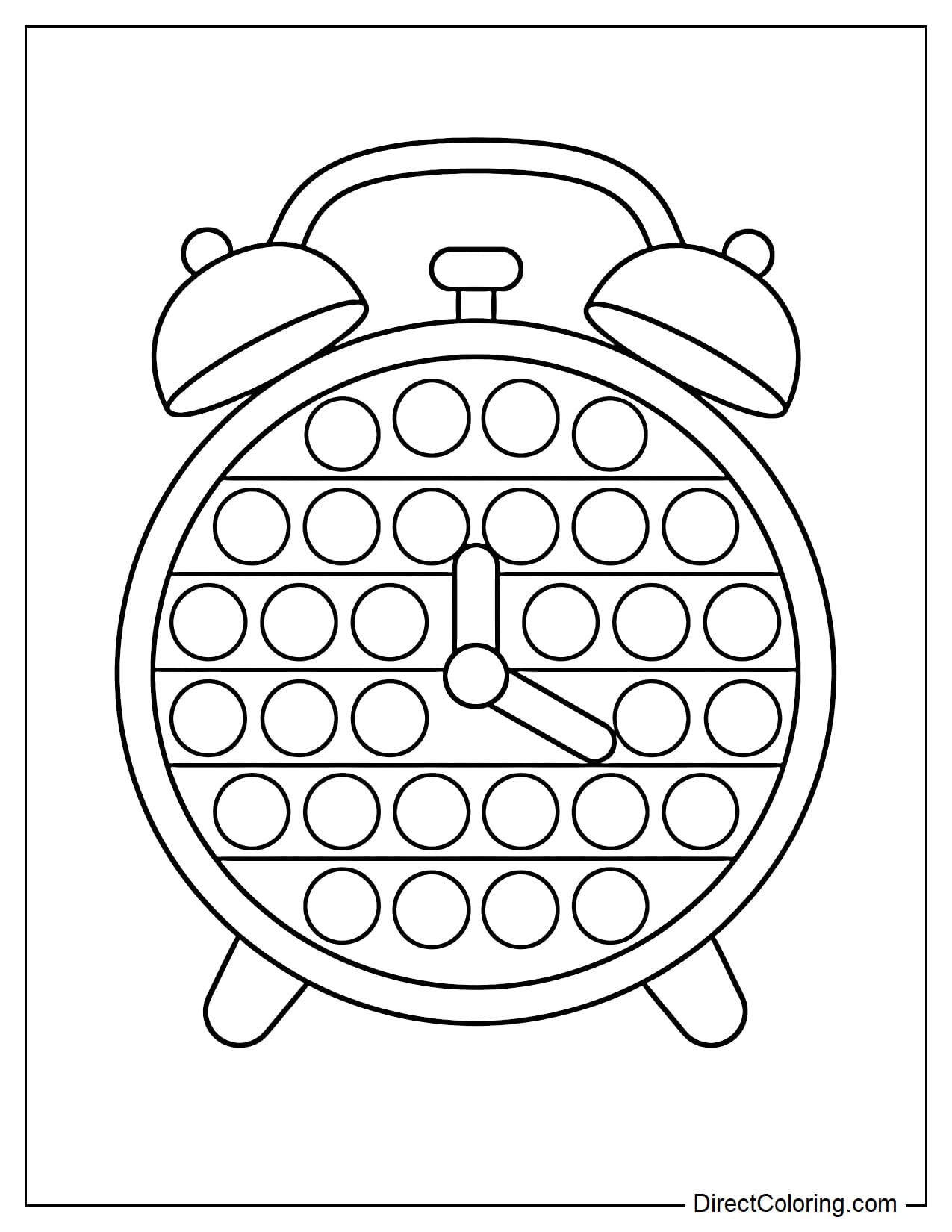 A classic alarm clock-shaped pop-it with a large round face and two small bells on top, and evenly distributed round bubbles on the clock face.