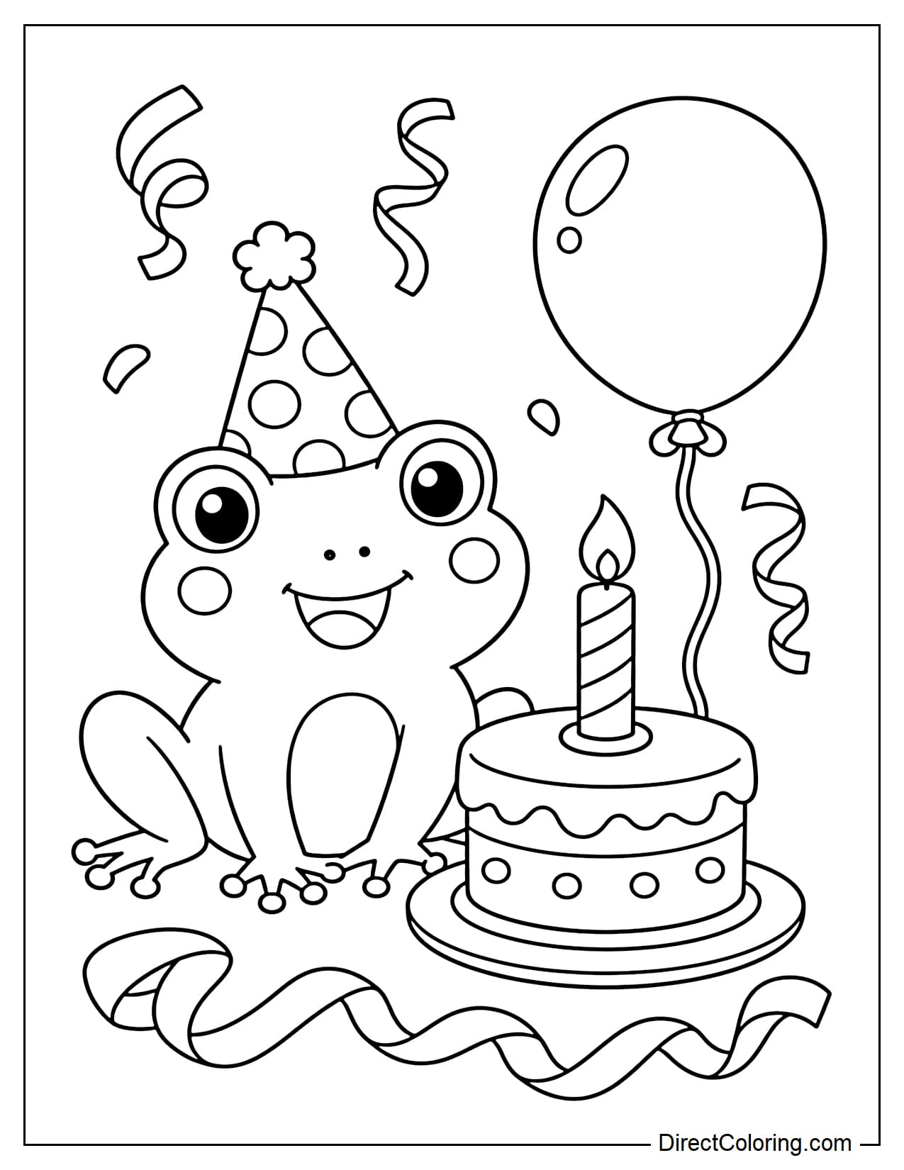 A frog wearing a birthday hat is sitting next to a small cake with a large candle, a balloon, and some decorative paper strips.
