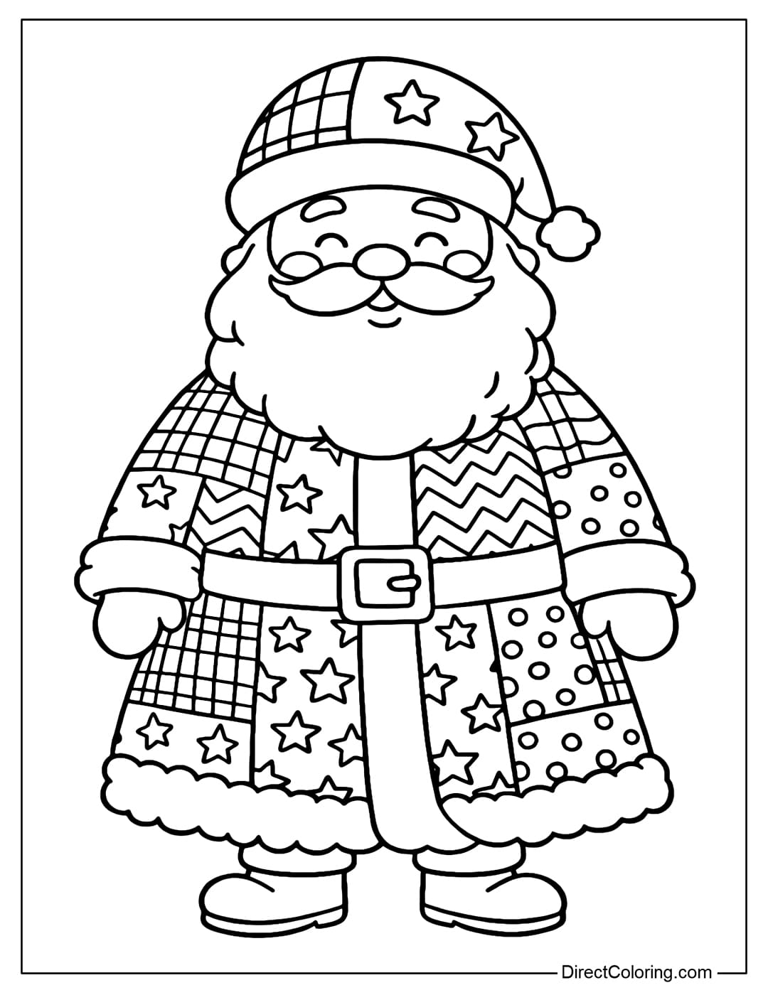 Patchwork coloring page A friendly Santa Claus, his cape and hat are made from large patchwork pieces: checks, zigzags, and checks.