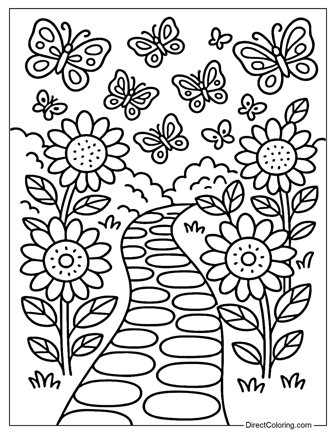 A small stone path coloring page leading deep into the butterfly garden, with sunflowers and butterflies flying on both sides.