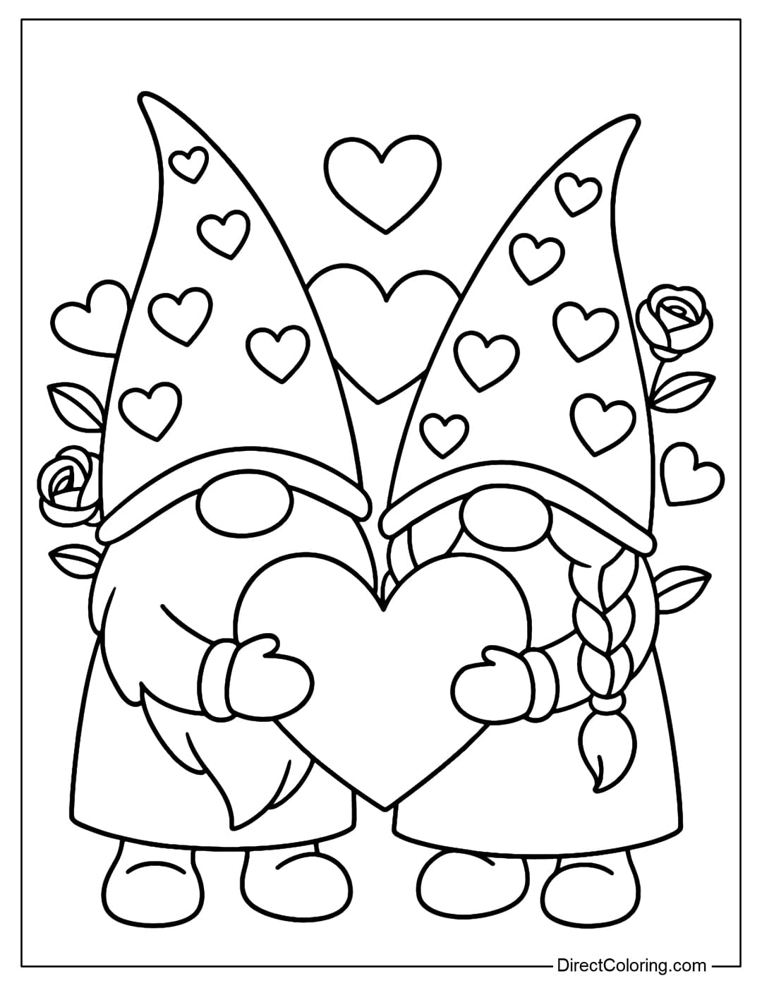 A coloring page of a cute Valentine gnome couple, hugging a large heart in the middle, with several hearts and roses in the background.