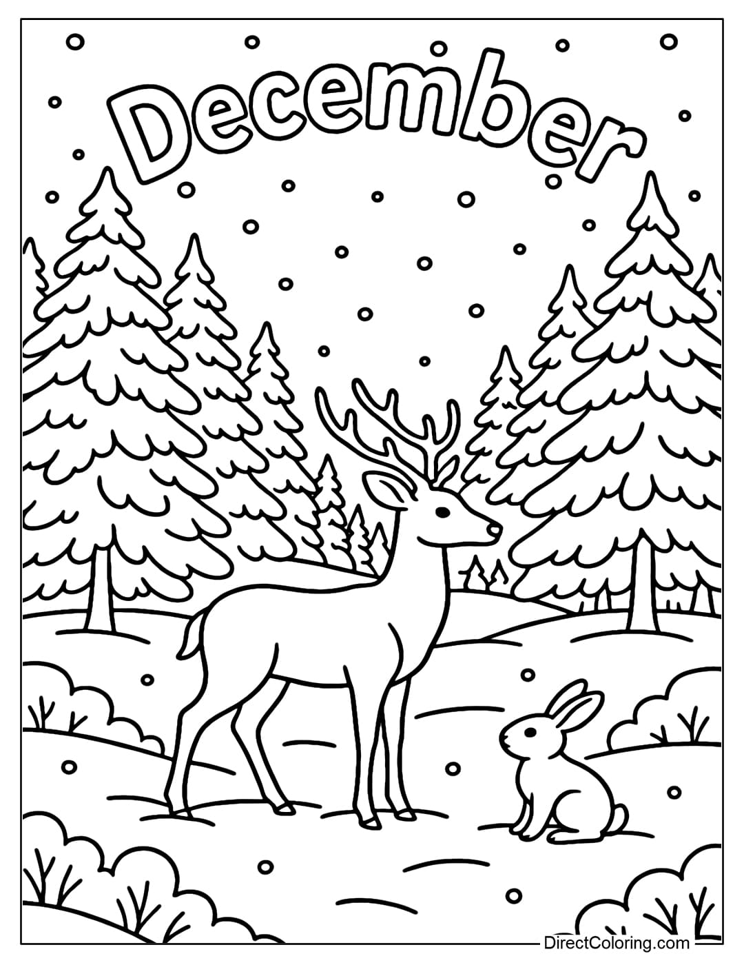 A coloring page of a winter forest with snow-covered trees, deer and small rabbits, the word December on the distant horizon.