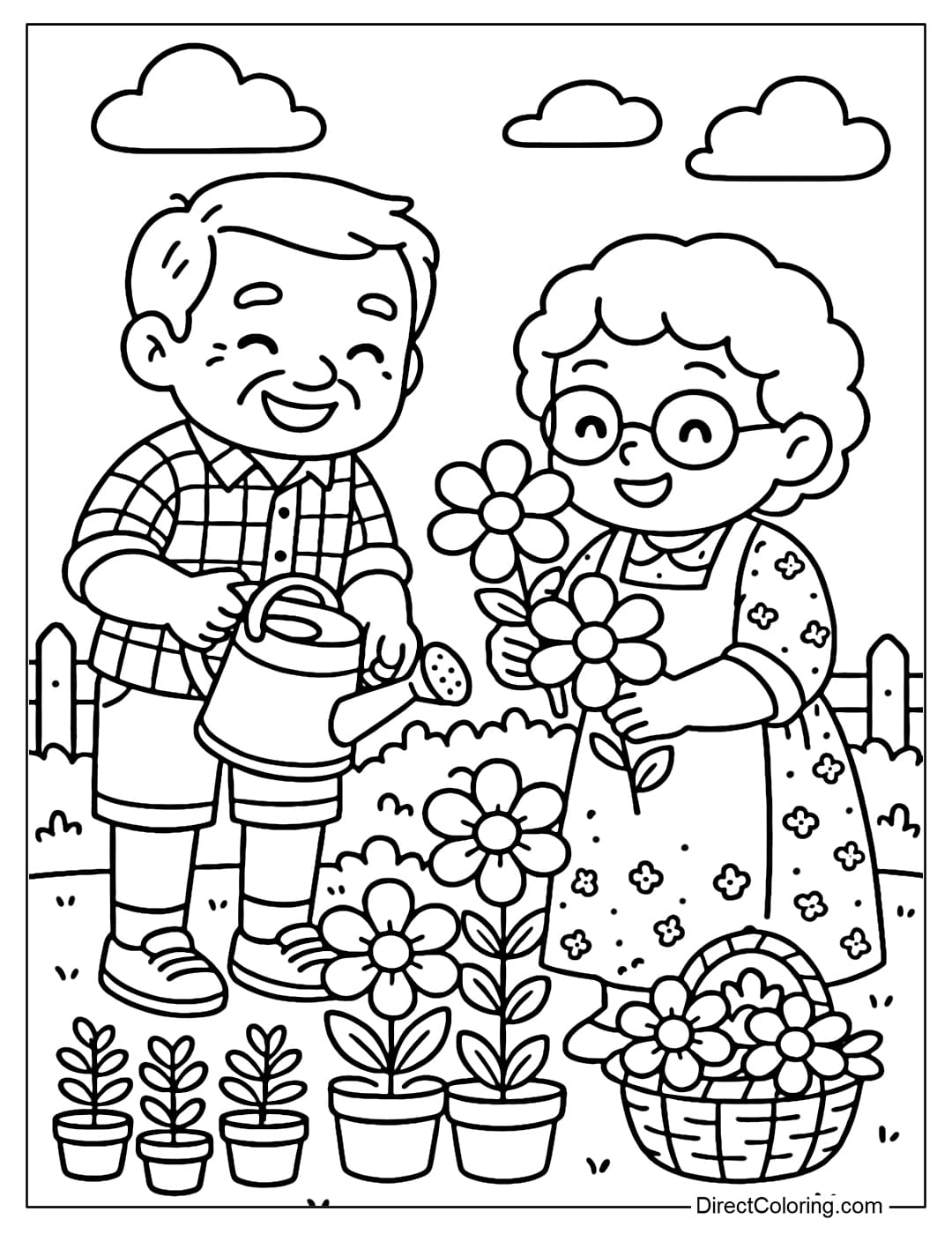 Coloring page of grandparents taking care of the garden, grandmother picking flowers, grandfather watering plants, the scene is full of flowers and leaves.