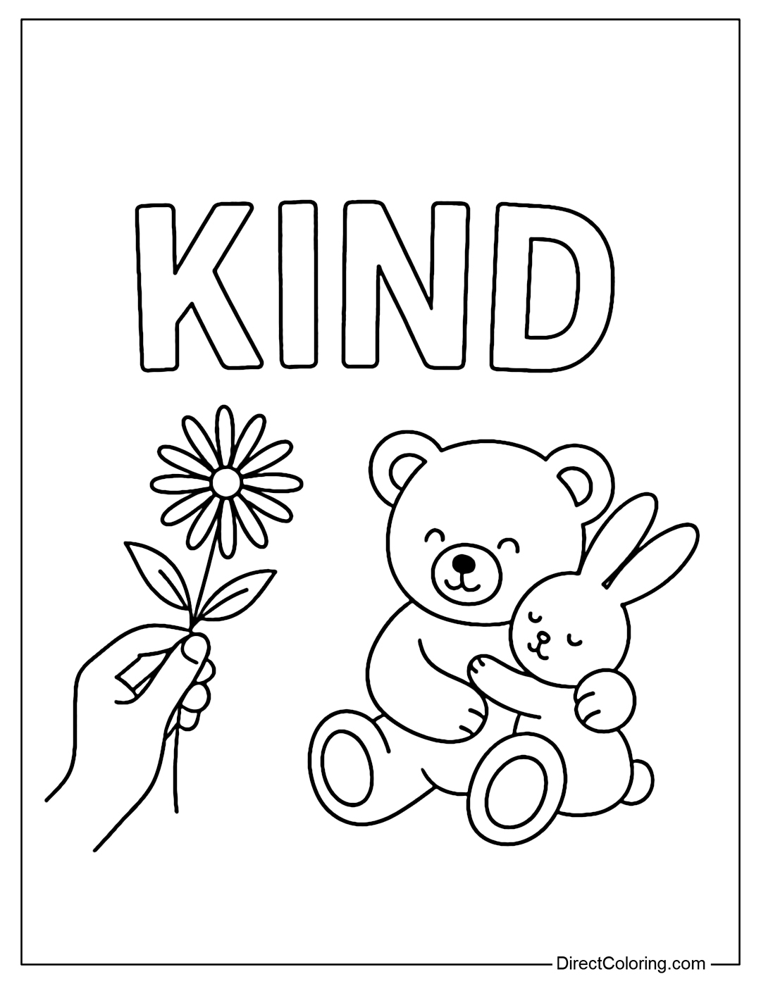 Kind coloring page with images of a hand giving flowers, a teddy bear hugging a little rabbit.