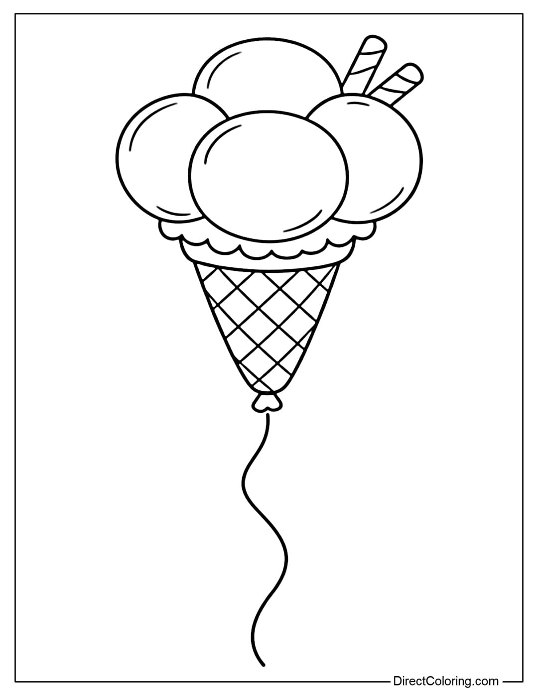A coloring page depicting an ice cream cone balloon with a large, rounded ice cream base and a simple cone design.