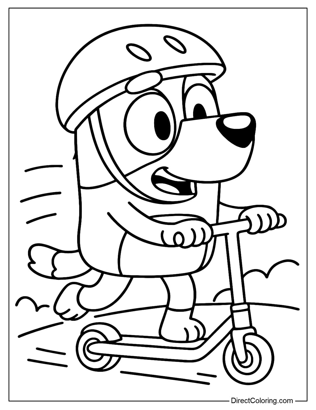 Bluey color page standing on a red scooter, wearing a blue helmet.