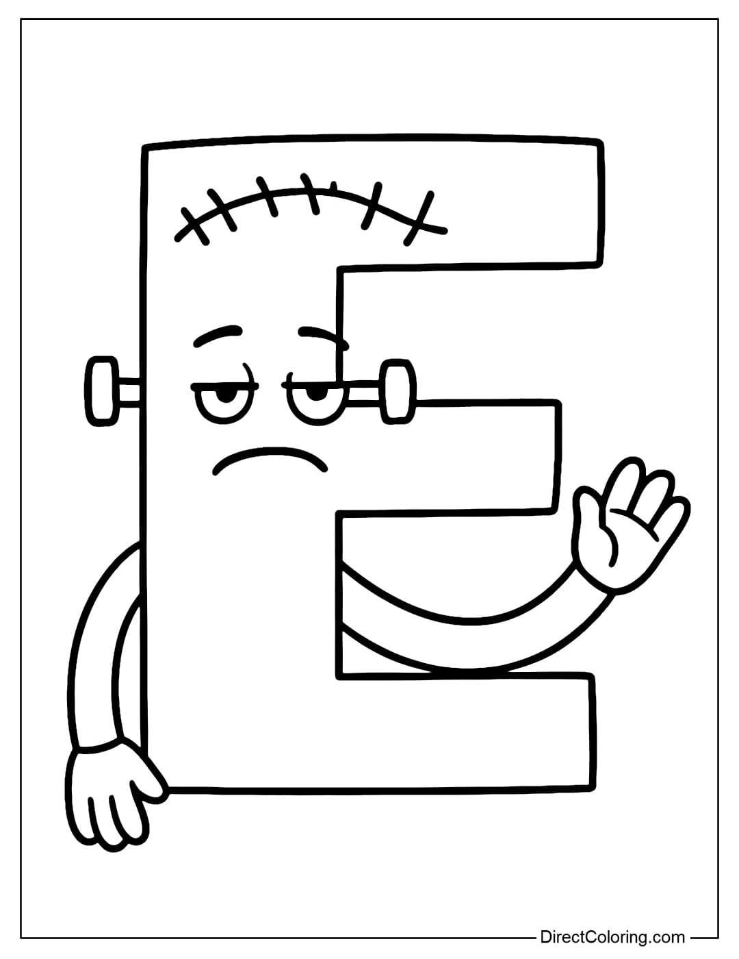 The letter E coloring page resembles a green Frankenstein creature, with stitches, screws on both sides of its head, and a raised hand.