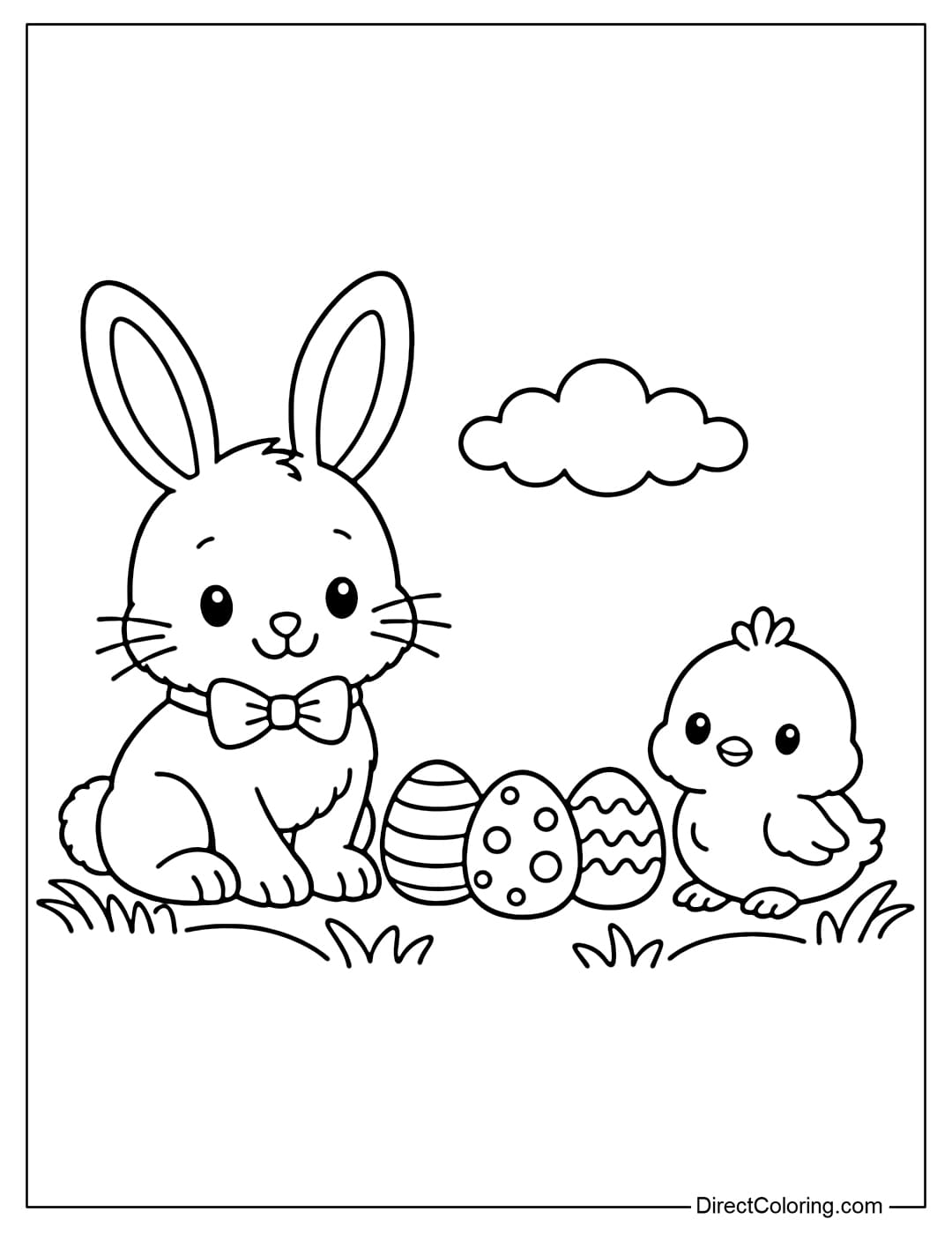 An Easter bunny coloring page with a chick sitting next to a small chick, with simple eggs between them.