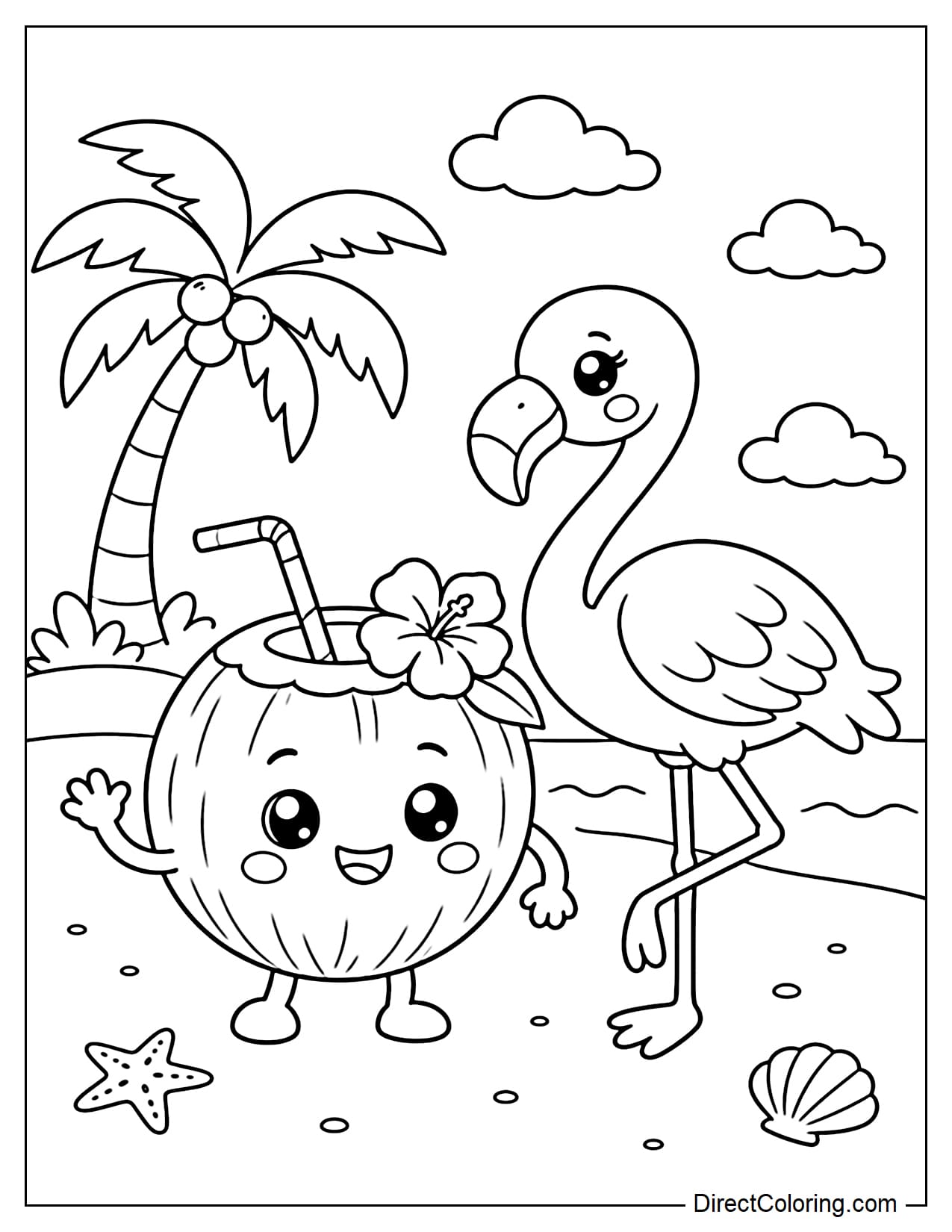An adorable coconut stands next to a cute flamingo on a tropical beach, with a small coconut tree and some clouds in the background.