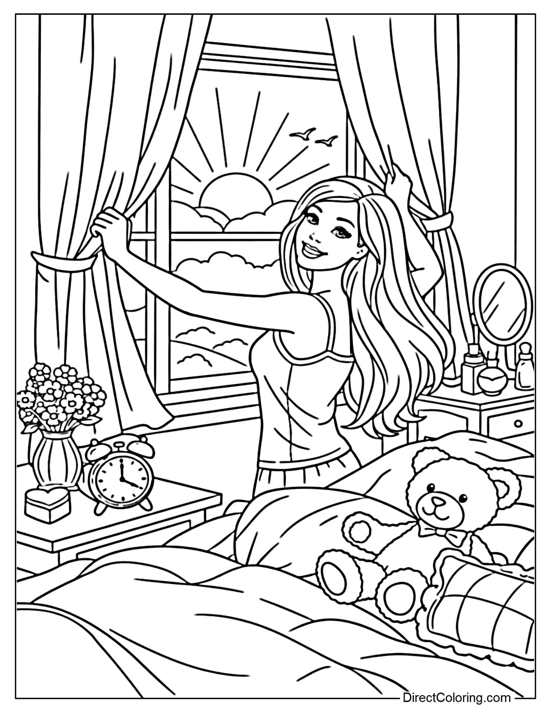 A coloring page of Barbie waking up in her lovely bedroom, pulling back the curtains to welcome the morning sun.