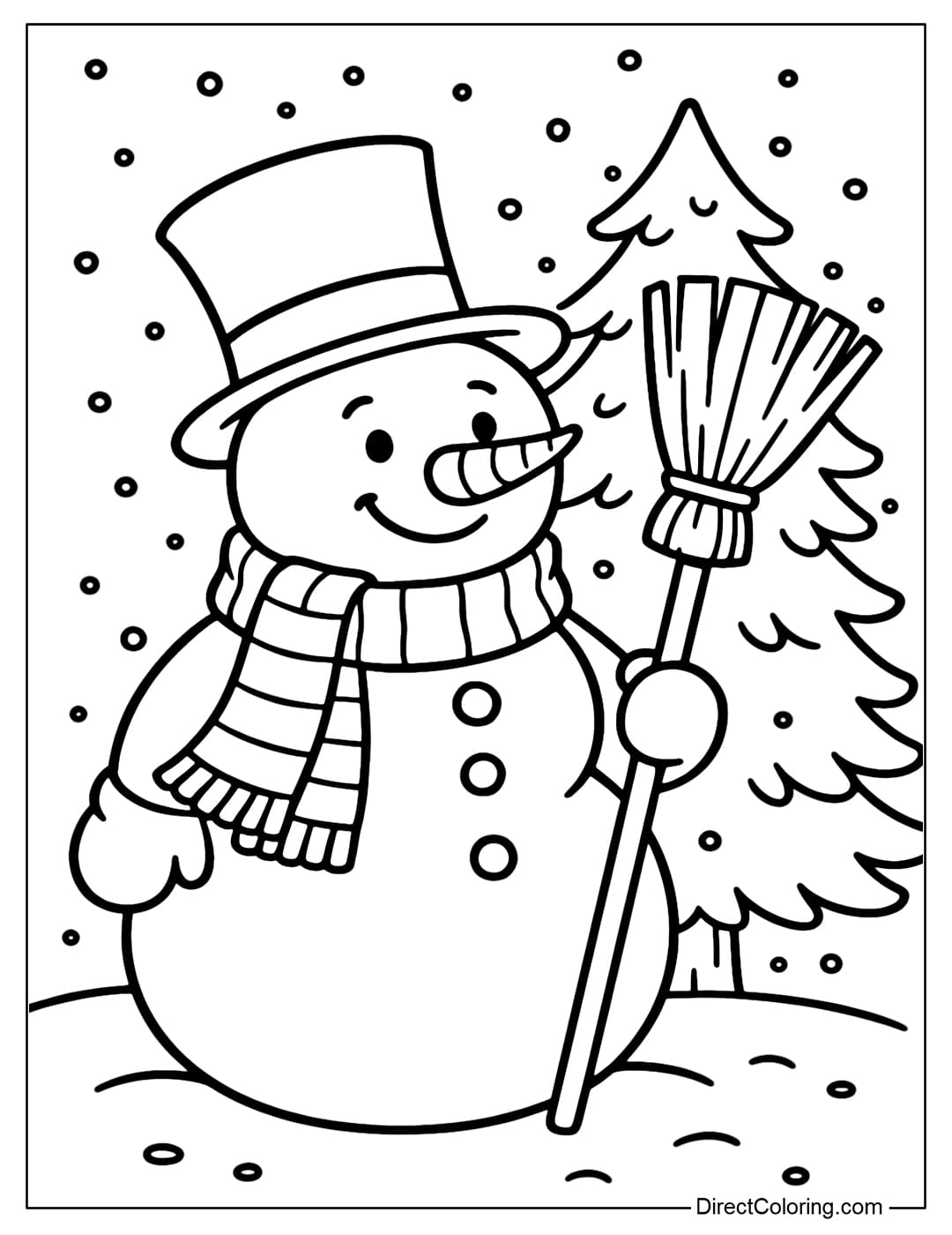Classic snowman coloring page in a top hat, red and white striped scarf, holding a wooden broom, with a Christmas tree in the background.