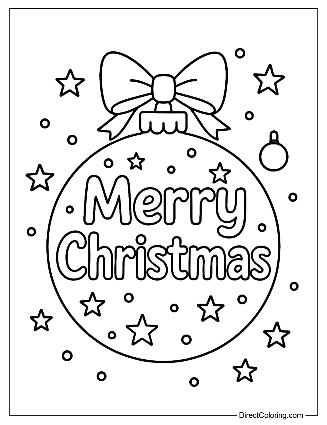 Coloring page with the words Merry Christmas inside the ball decoration, with a small bow on top.