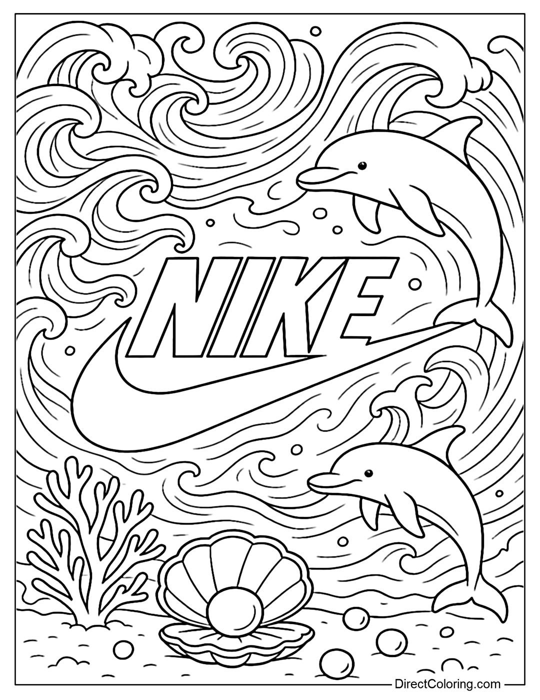 The Nike logo stands out among the rolling ocean waves, dolphins, coral, and pearls - a mix of sport and natural fantasy.