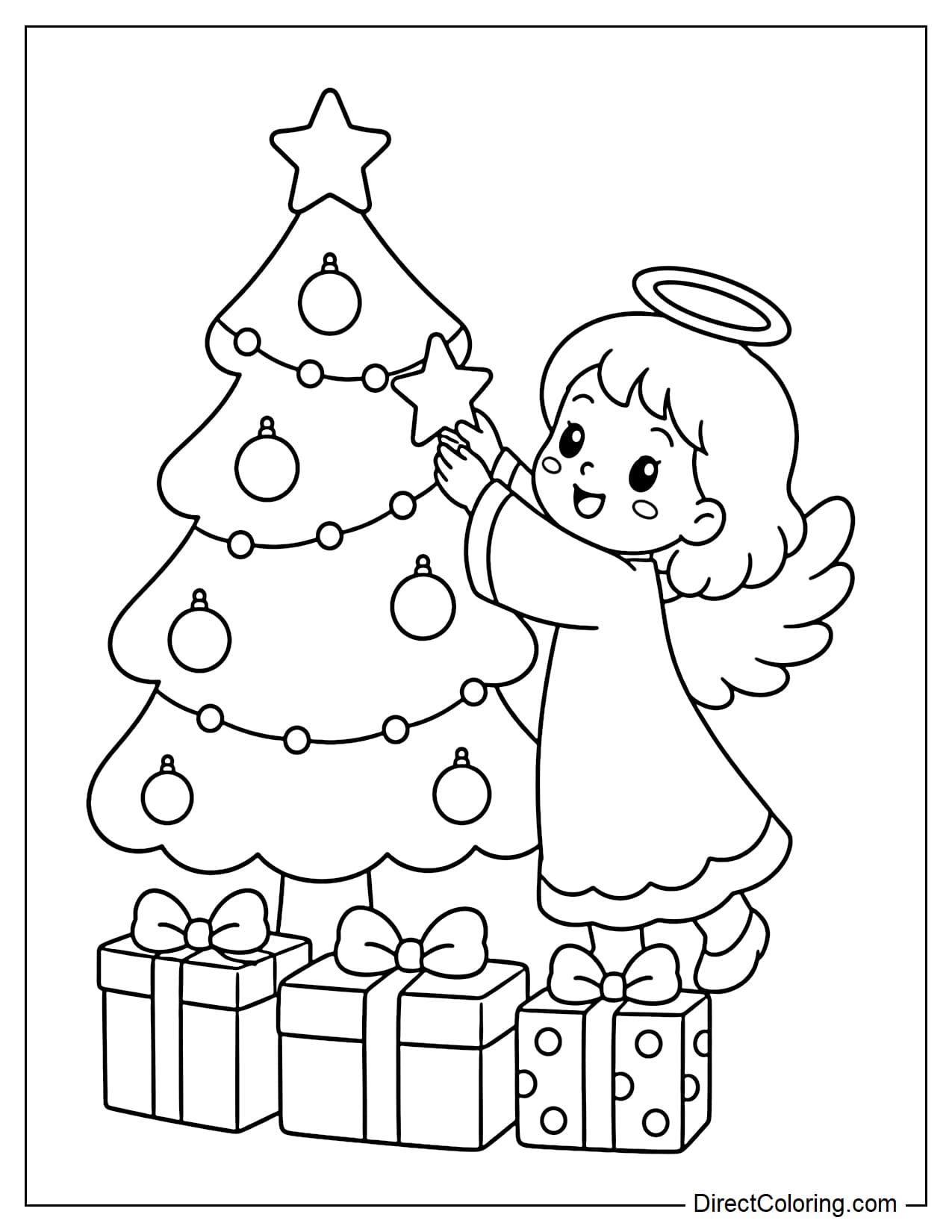 A little angel hangs a star on a Christmas tree, with gift boxes placed underneath.