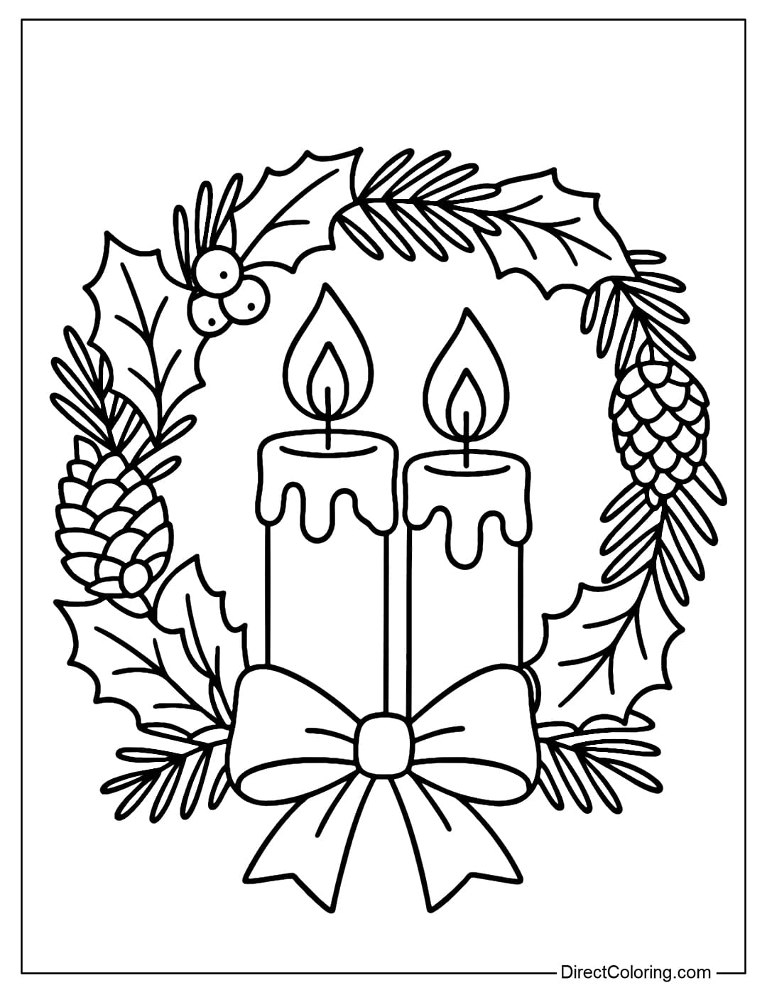 A round Christmas wreath coloring page, with two bright candles in the middle, decorated with large leaves, pine cones, and a large bow.