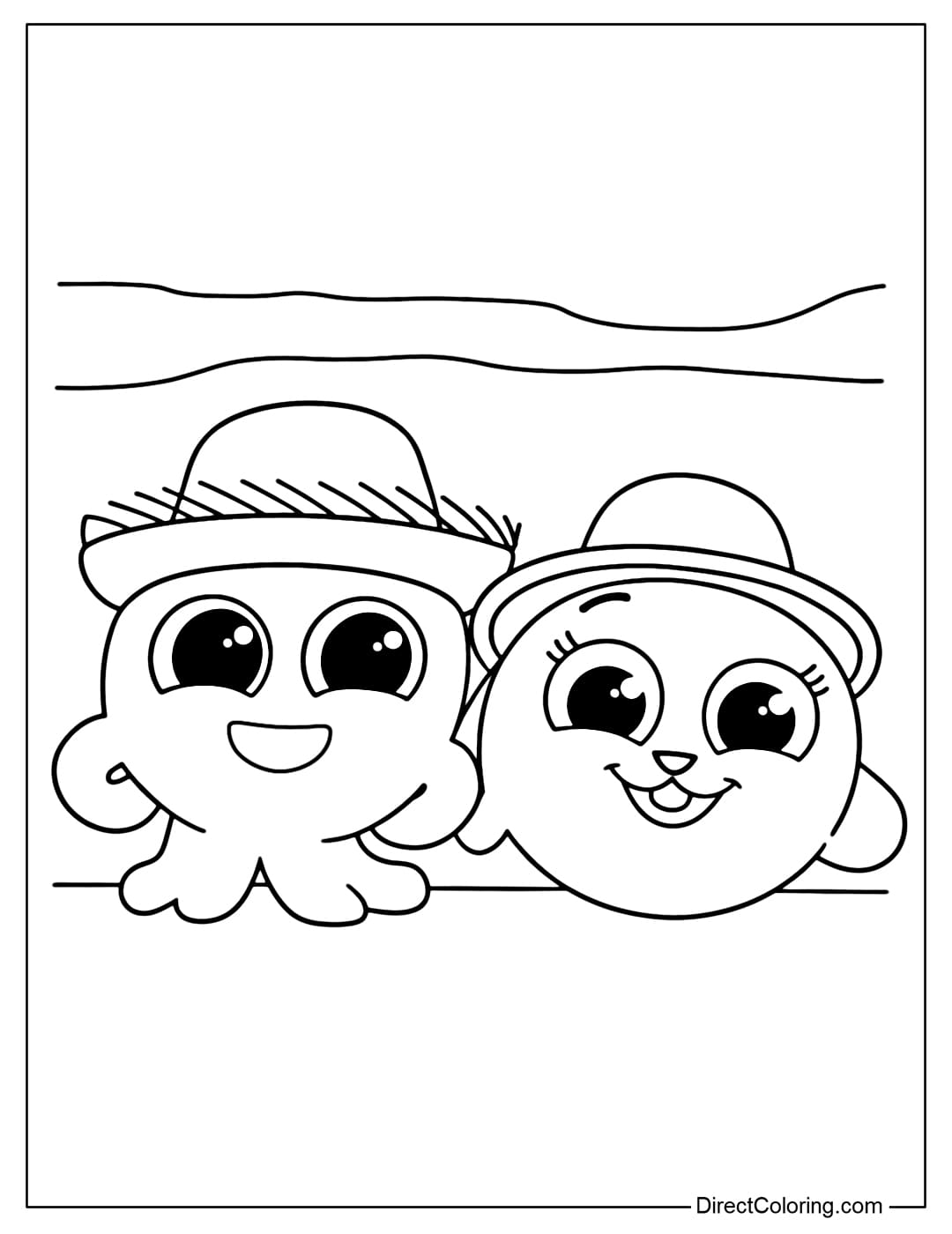Coloring page of the characters Pow and Bunny from the Bolofofos series. Both are wearing straw hats and smiling friendly.