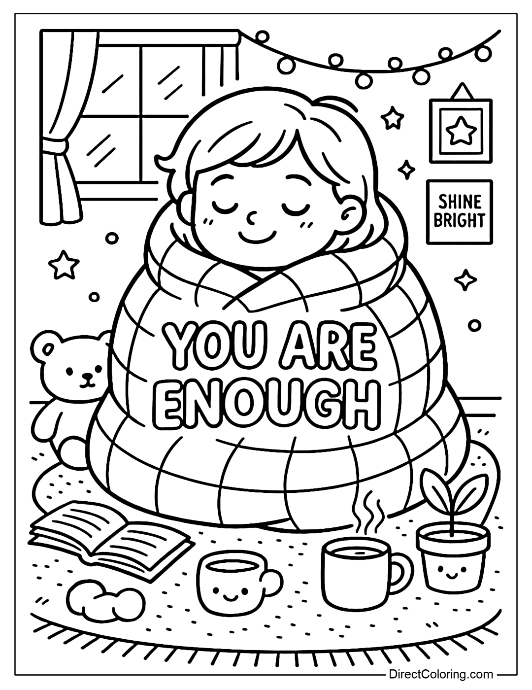 A coloring page of a little boy curled up in a blanket with the words You Are Enough written on it.