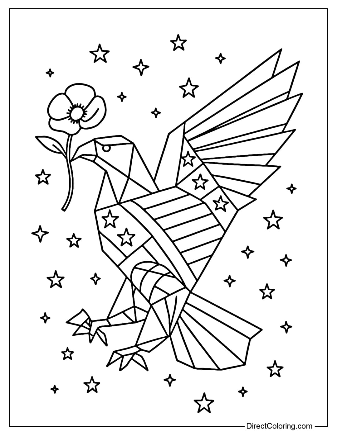 An American eagle coloring page created in origami style.