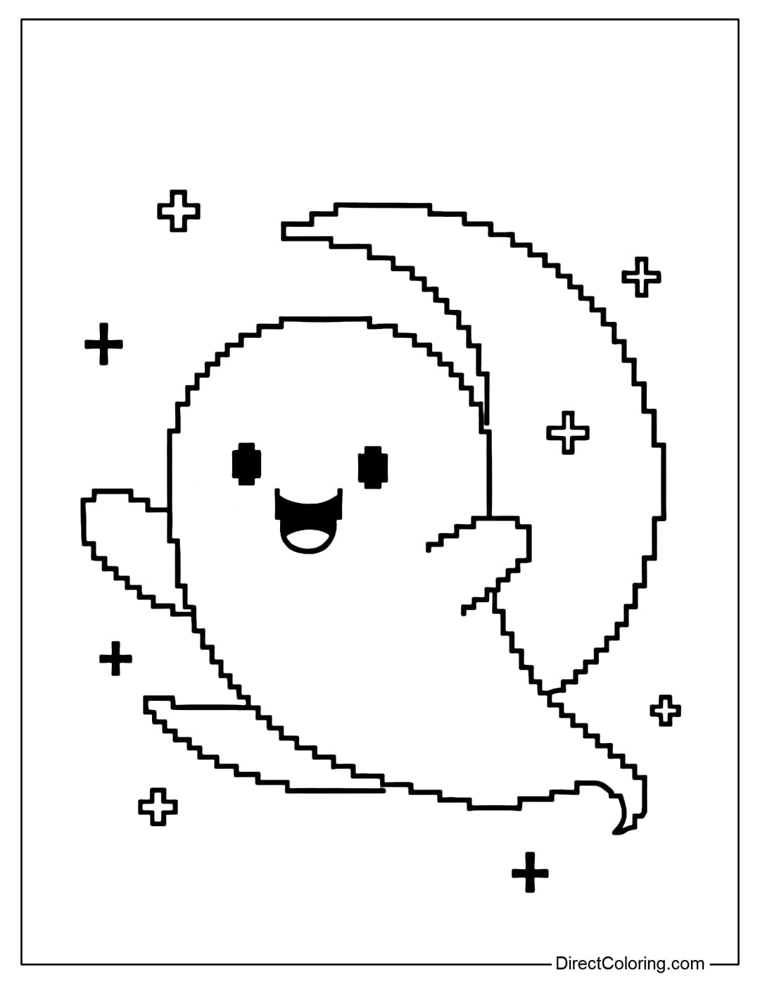 Cute pixel ghost coloring page, flying ghost with a funny expression.