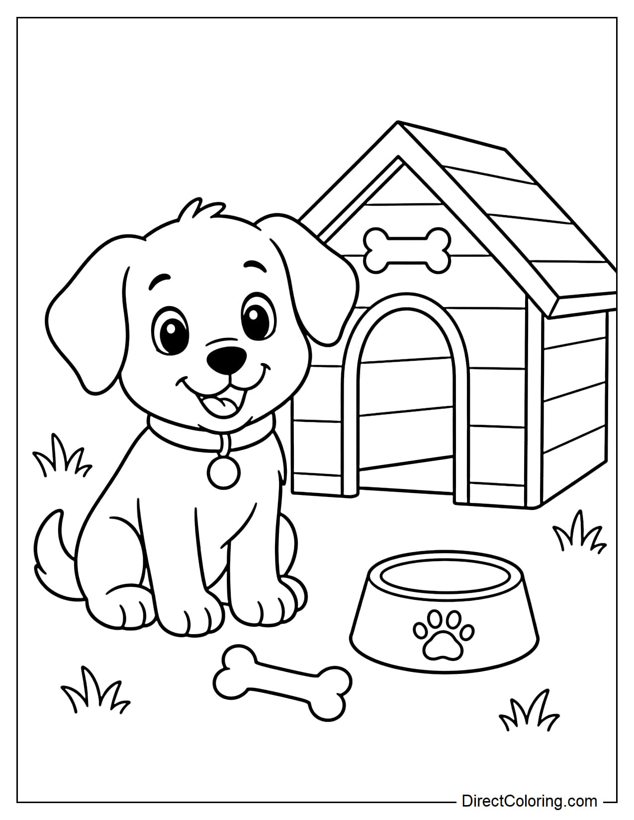 The puppy is sitting next to a small dog house, with a friendly face, a food bowl and a small bone in front of it.