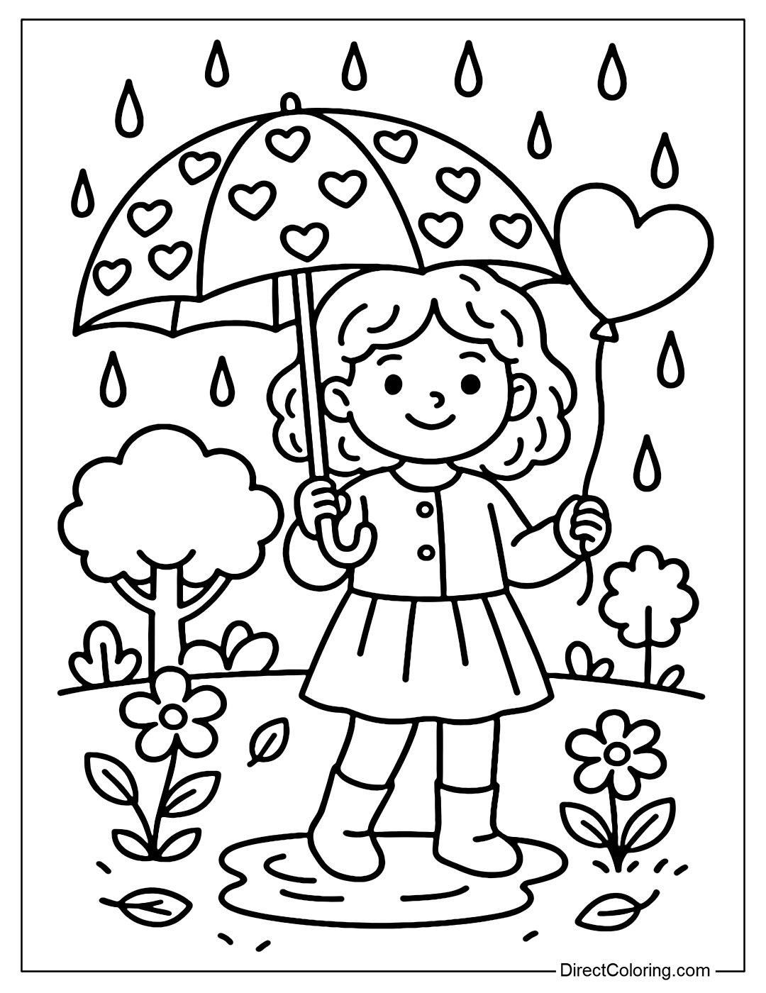 Coloring page of a girl with hair holding a large umbrella with a heart pattern in her right hand and a heart-shaped balloon in her left hand standing in the rain