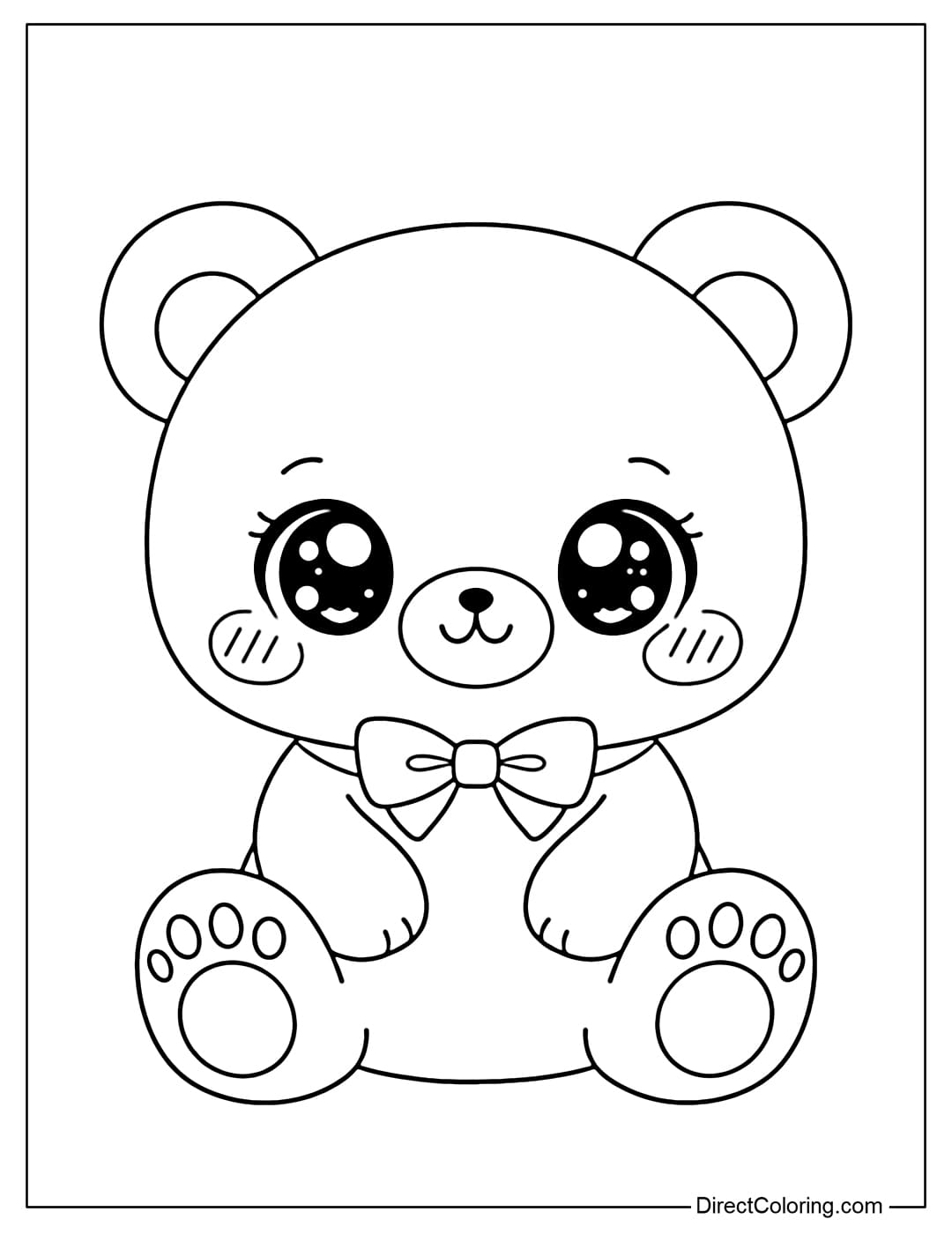 A coloring page of a kawaii-style teddy bear with big, sparkling, adorable eyes.