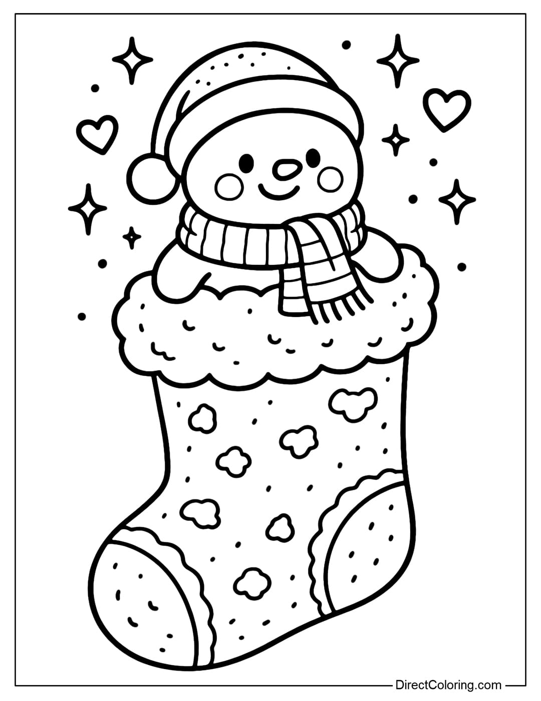 Snowman Peeking from Stocking Coloring Page Coloring Page A little snowman with a red woolen scarf peeks out of a snow-covered stocking.