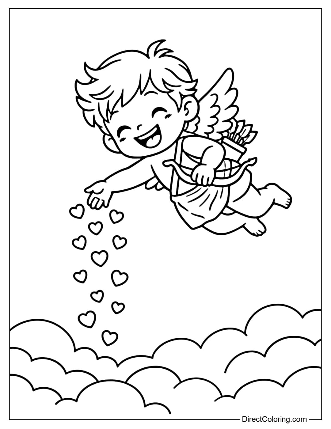 A mischievous Cupid is flying overhead, dropping many small hearts down.