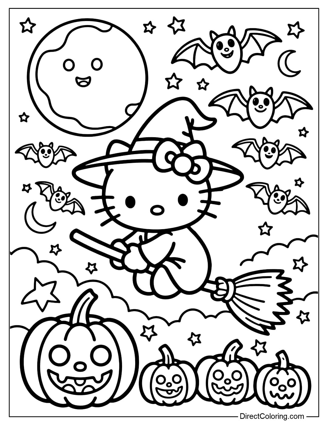 Hello Kitty coloring page wearing a witch hat, riding a broomstick flying on a full moon, surrounded by cute bats and spooky pumpkins.