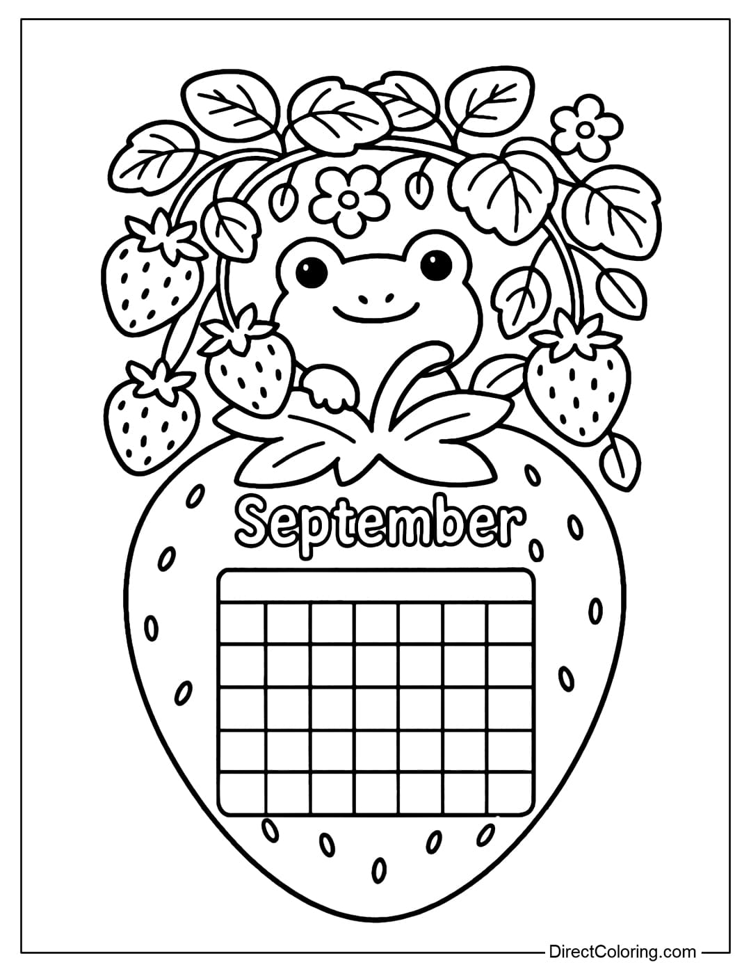 September calendar coloring page features a strawberry garden with a chibi frog peeking out from among the leaves at the top. Below is a calendar nestled inside a large, plump strawberry.