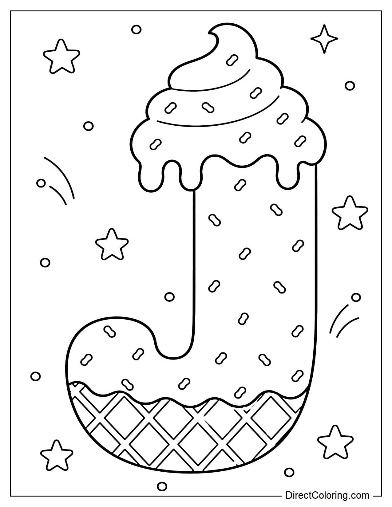 A large, bubble-shaped uppercase letter J made from soft-serve ice cream, with a lightly melted cream topping, sprinkles scattered throughout, and a waffle-like texture at the base. Surrounding it are a few small stars and dots.