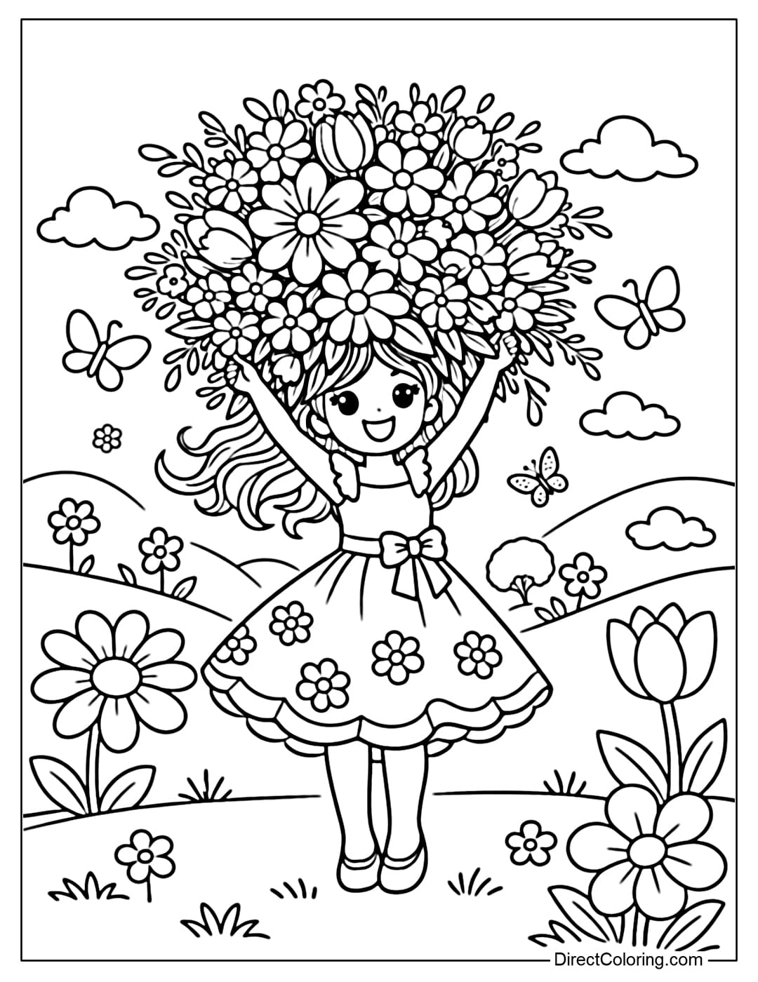 Coloring page of a spring girl holding a large flower crown on her head, wearing a simple round floral dress, surrounded by spring grass and a few large flowers.