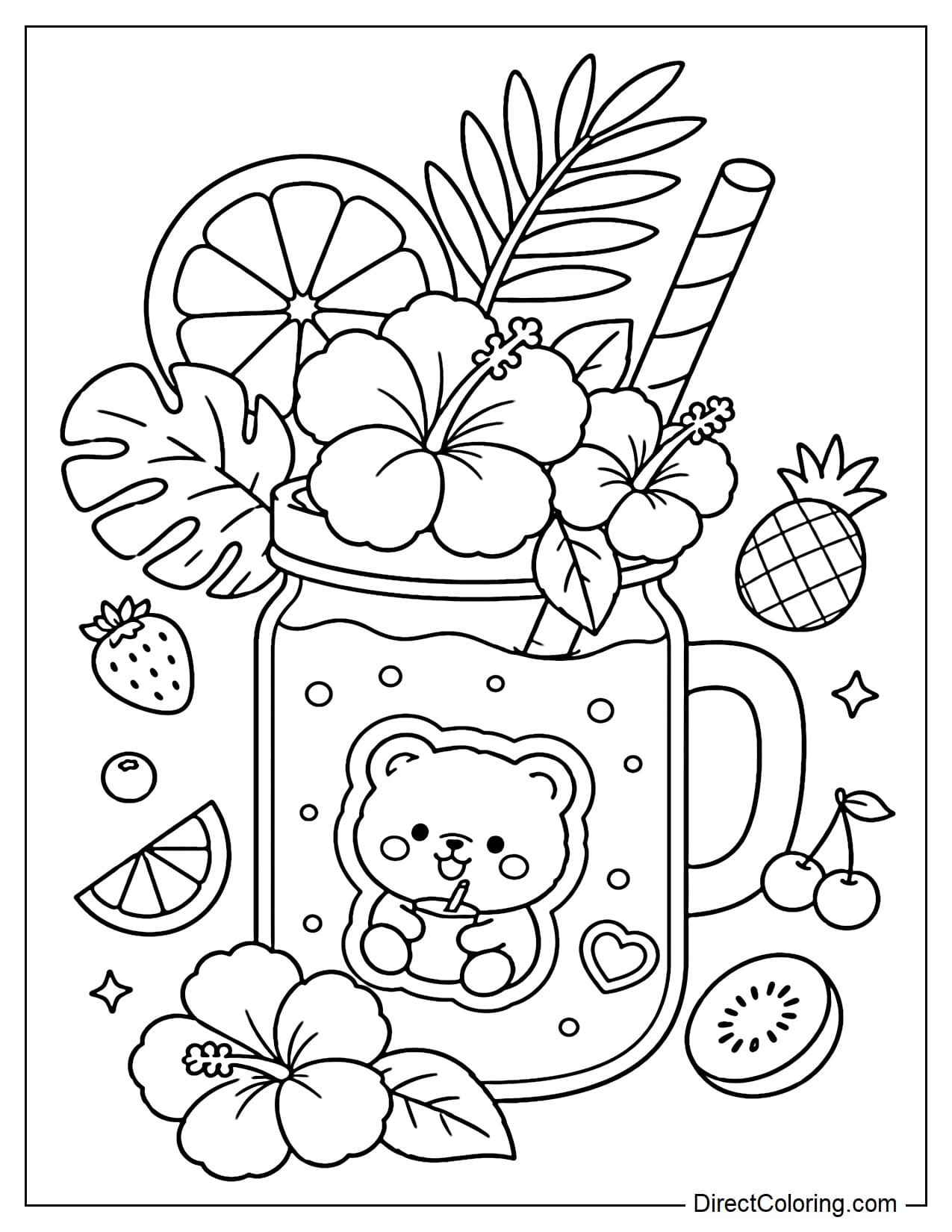 A tropical smoothie jar with a large orange slice, soft curved palm leaves, and hibiscus flowers decorating the rim. The cup has cute little bear stickers and some mini fruits floating around.