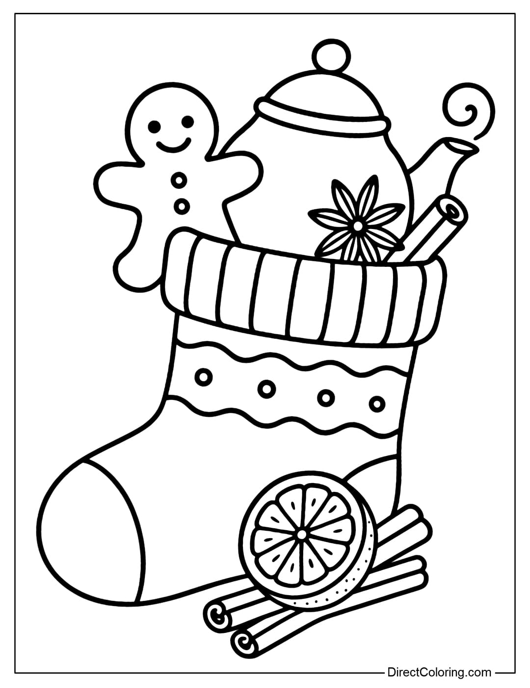 Winter Tea Stocking Coloring Page Coloring Page A stocking containing a teapot, gingerbread and cinnamon lemon.