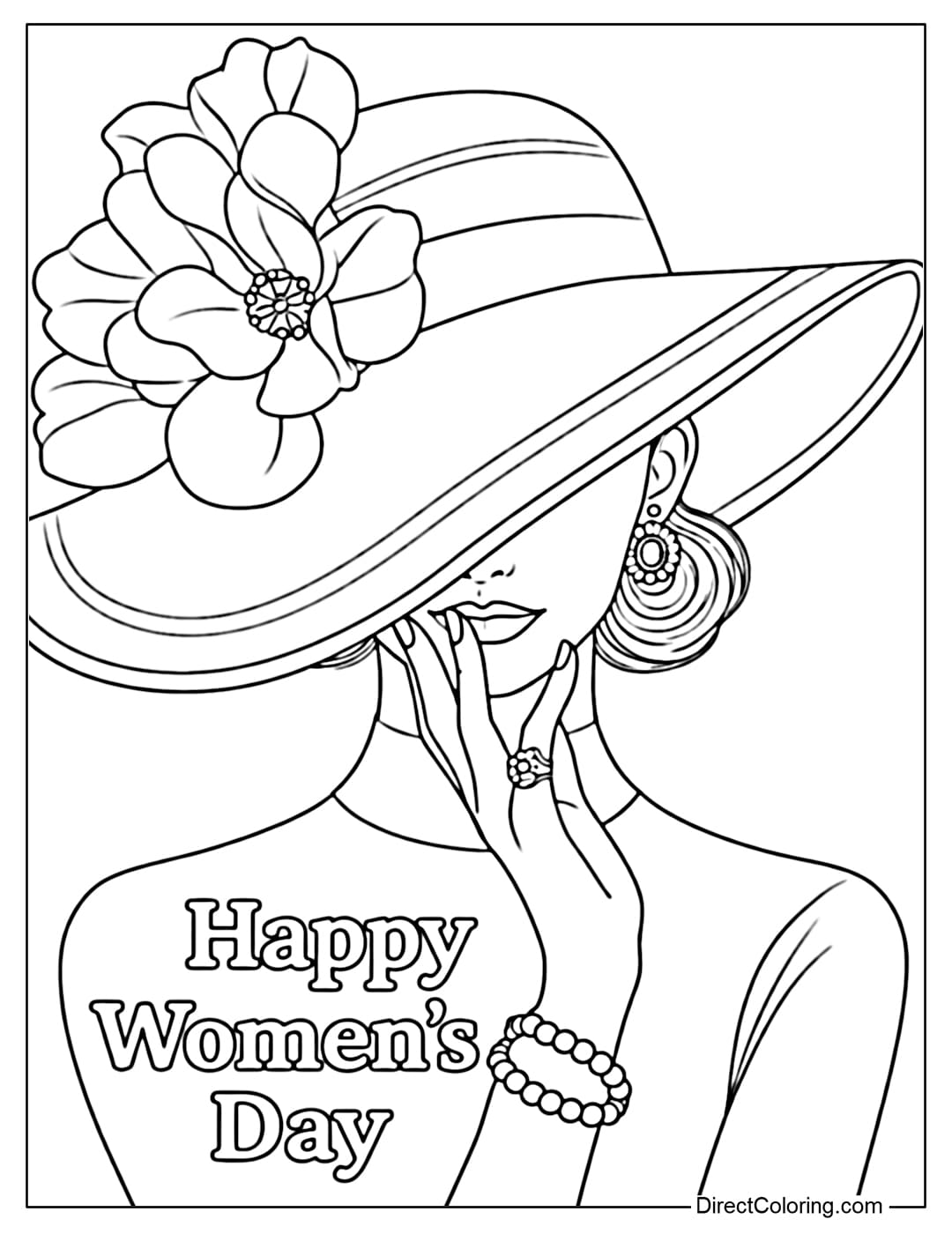This coloring page depicts an elegant woman wearing a wide-brimmed hat that covers half her face, with a large flower attached to the hat, her hand gently resting on her cheek, and the words 