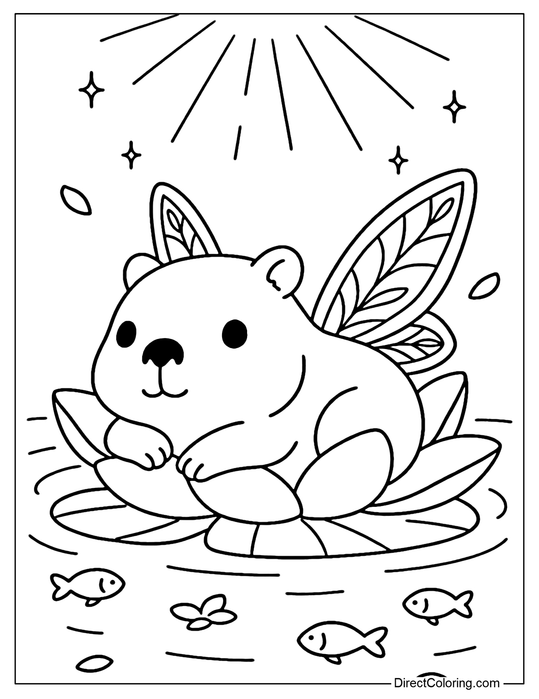 A Capybara coloring page with large, thin fairy wings bordered with leaf patterns, relaxing on a giant lotus flower like a soft chair in the middle of a blue lake.