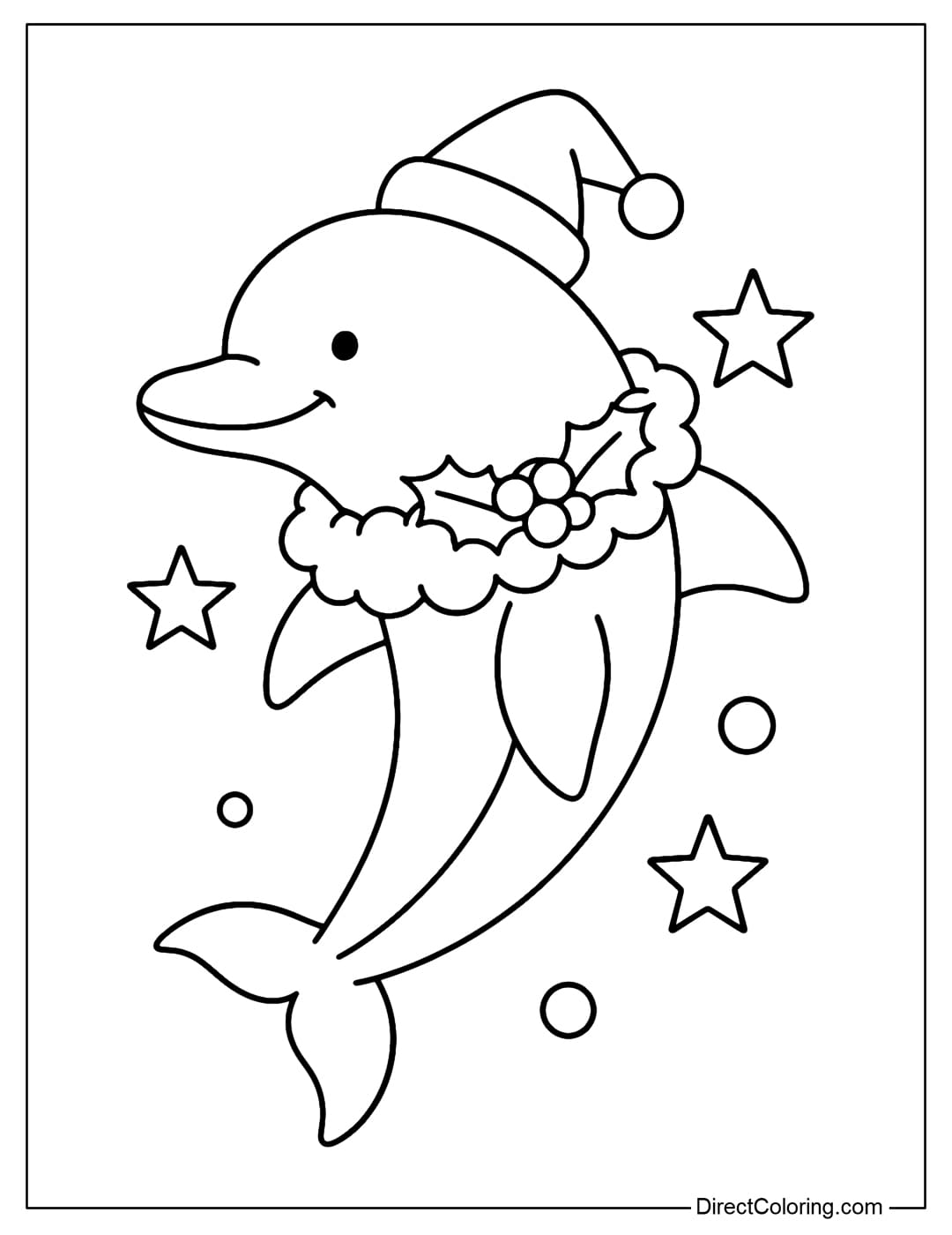 A Christmas dolphin coloring page is jumping around, wearing a Christmas wreath around its neck and a small Santa hat slightly askew.