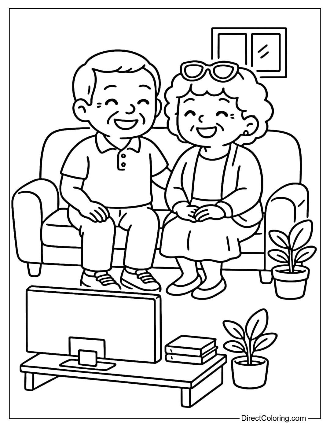 Grandparents sitting on the sofa, watching TV and laughing happily together.