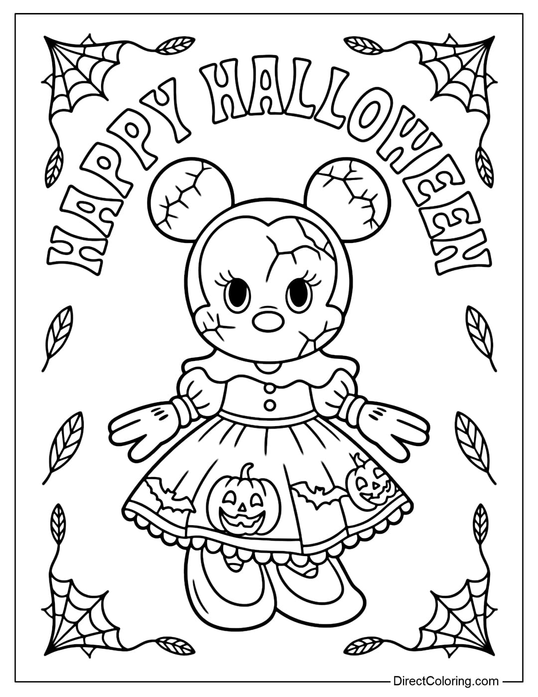 Minnie coloring page as a ghost doll, cracked but lovely face, wearing a pretty Halloween dress.