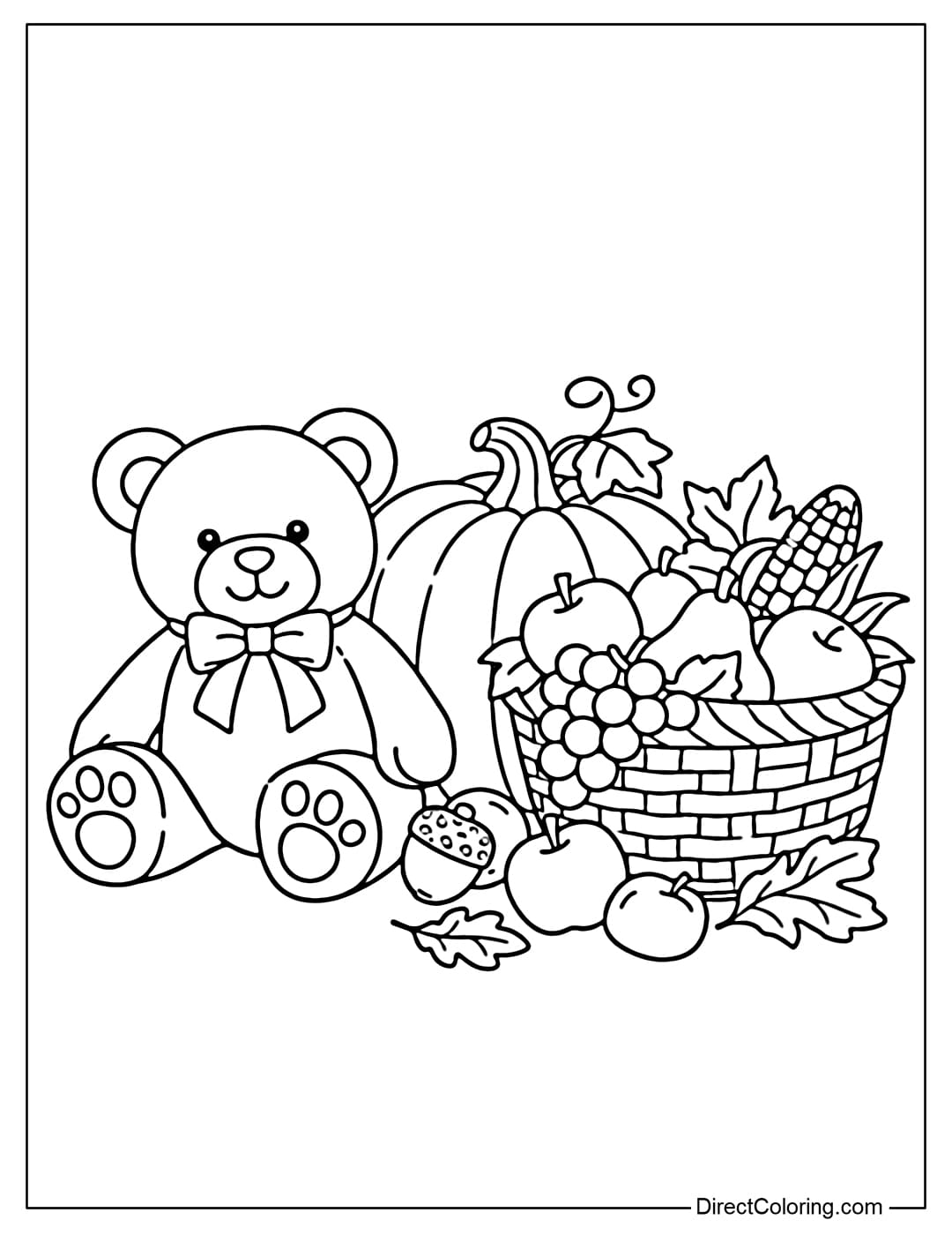 Coloring page of a teddy bear sitting next to a pumpkin and a basket of fall fruit.