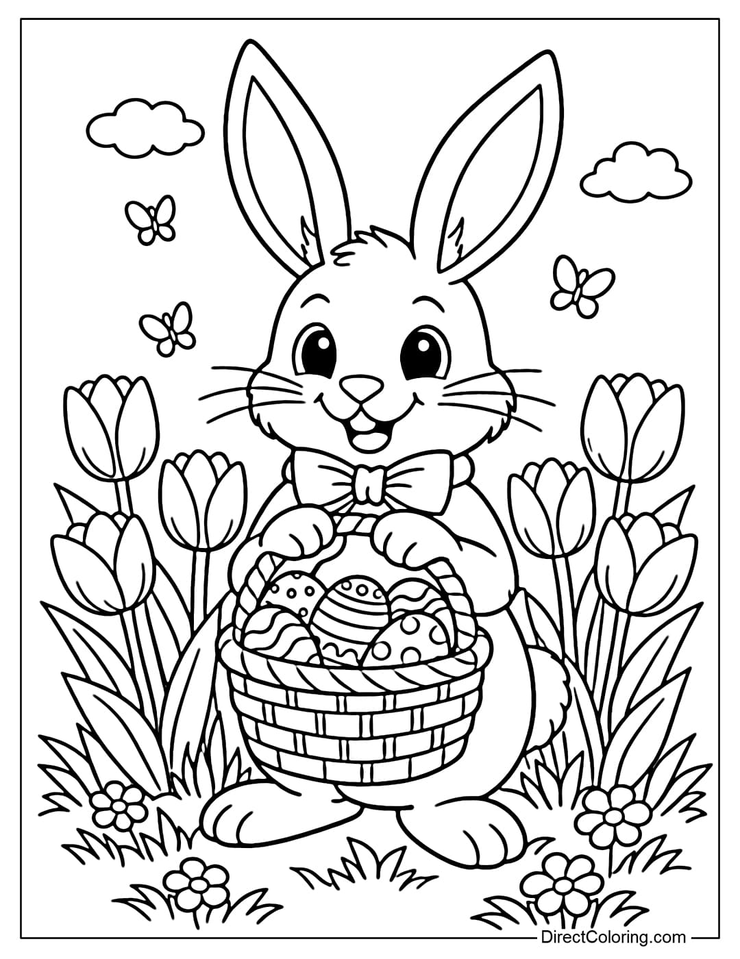 A coloring page featuring an Easter bunny holding a basket of eggs, surrounded by tulips and spring grass.