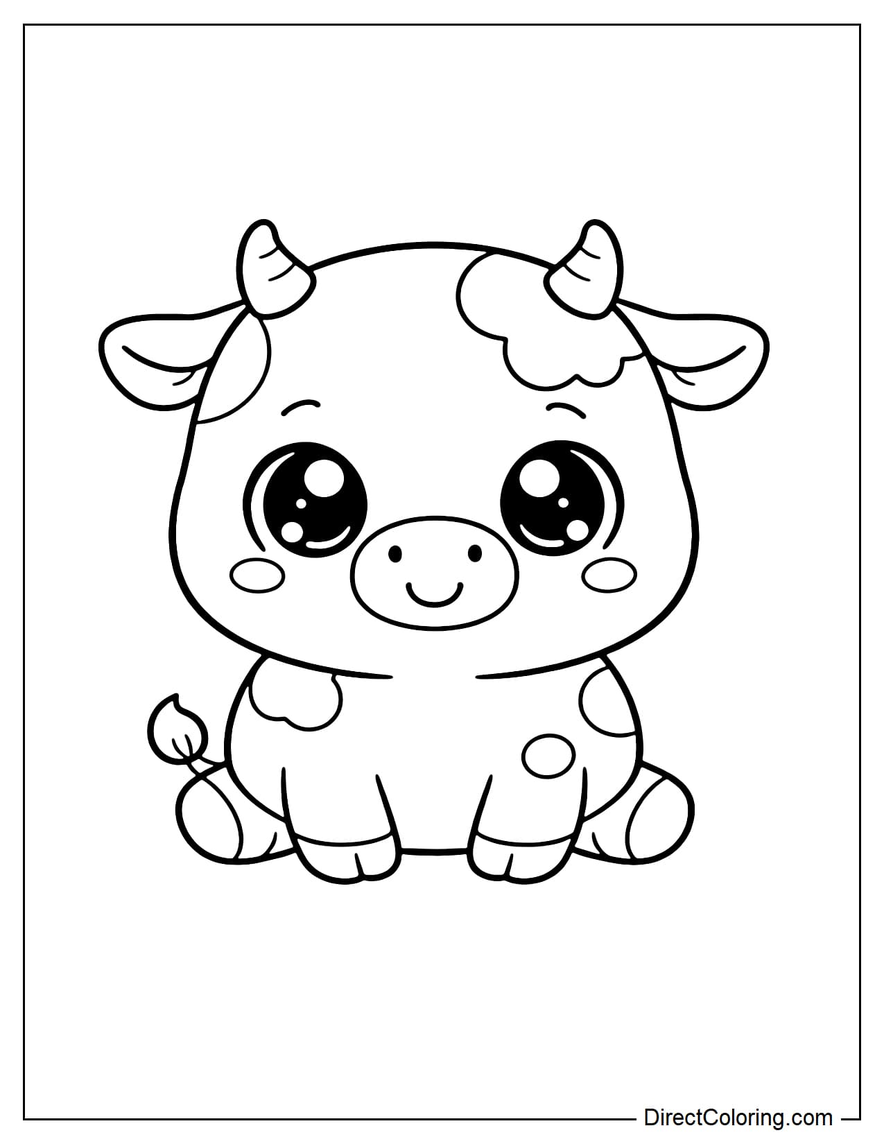 A cow with big, kawaii-style eyes, sitting with a cute, round body.