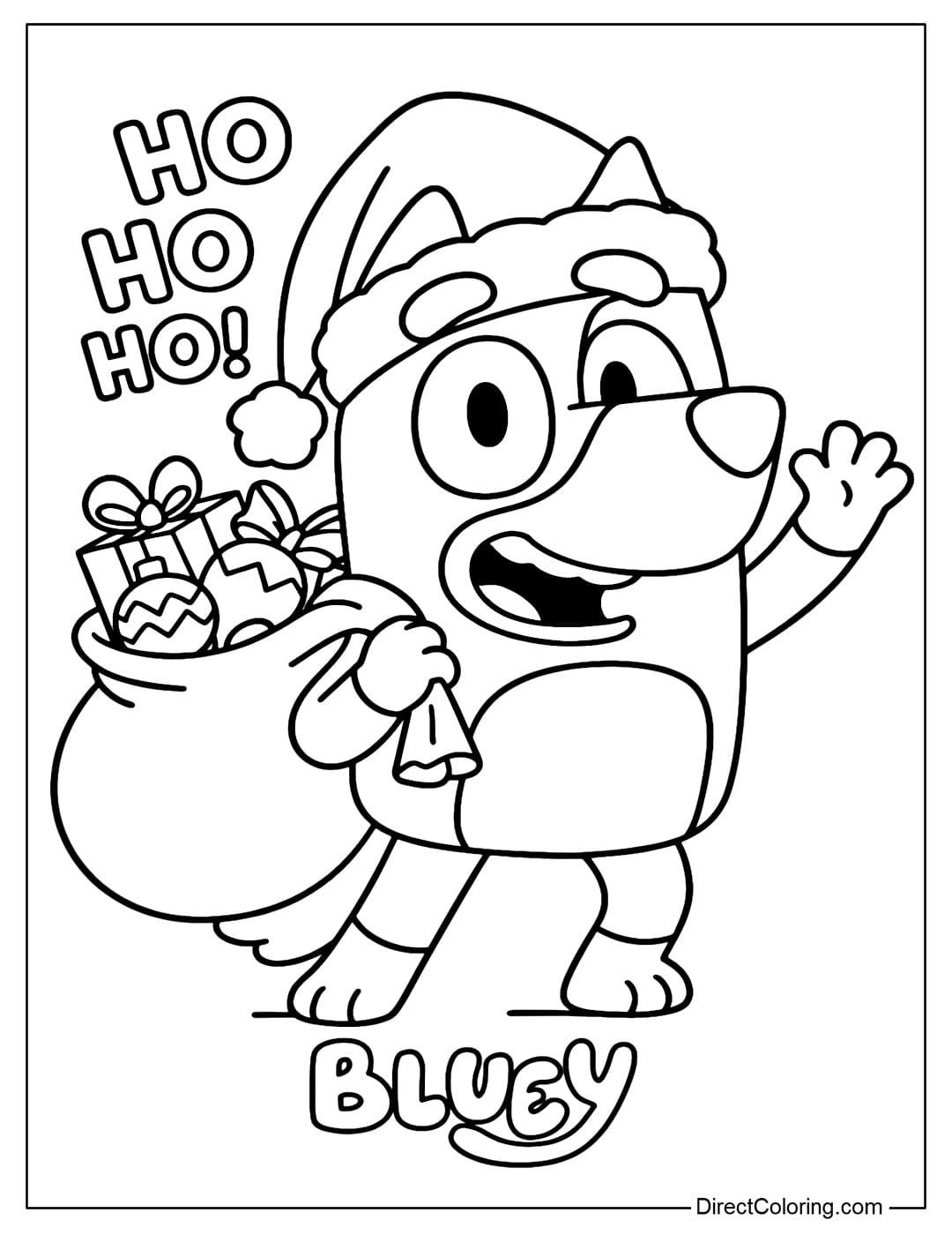 Bluey coloring page wearing a slightly crooked Santa hat, holding a Santa gift bag.
