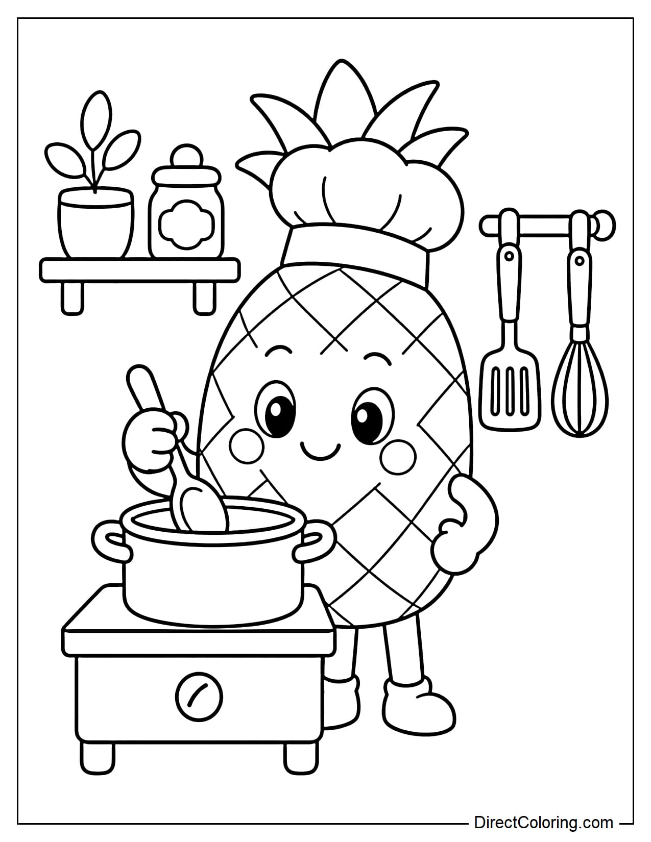 A pineapple is standing in a tiny kitchen, wearing a chef's hat and holding a spoon, with a simple cooking pot in front of it.