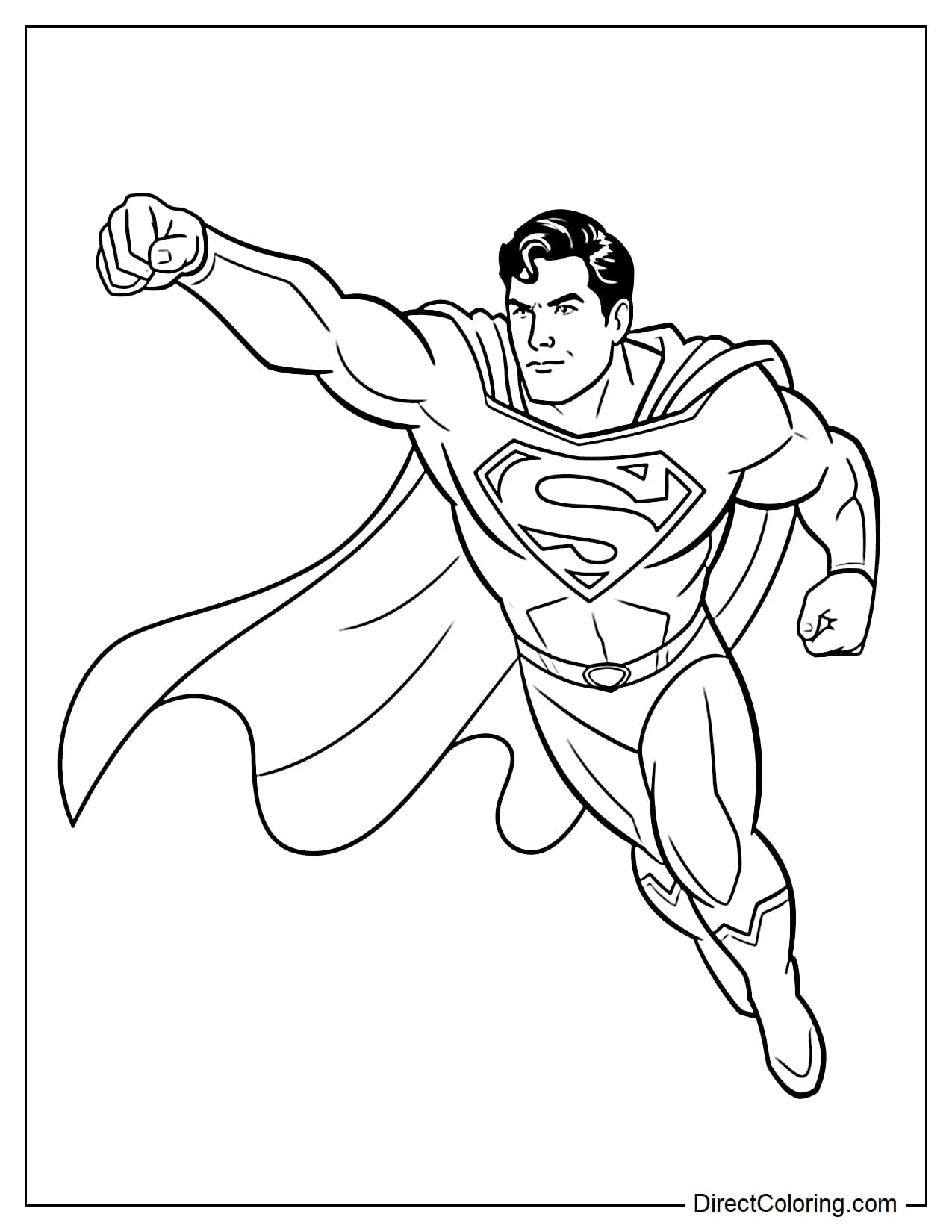 Superman is flying powerfully forward with one arm outstretched, creating a sense of strong movement.