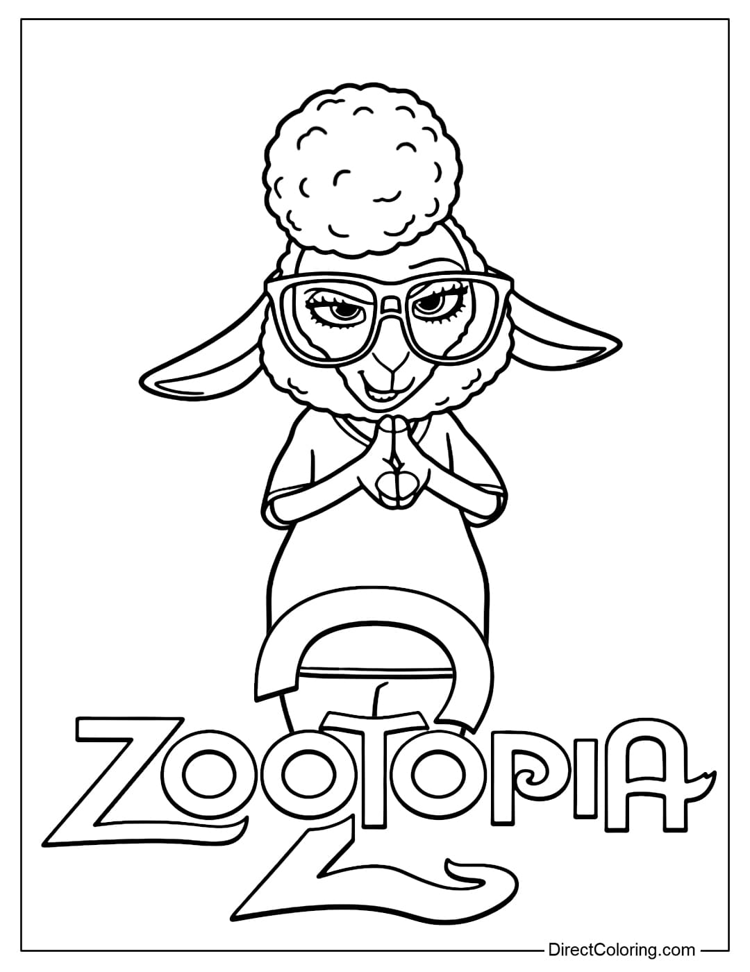 A cute Dawn Bellwether with large round glasses, standing with her hands clasped gently.