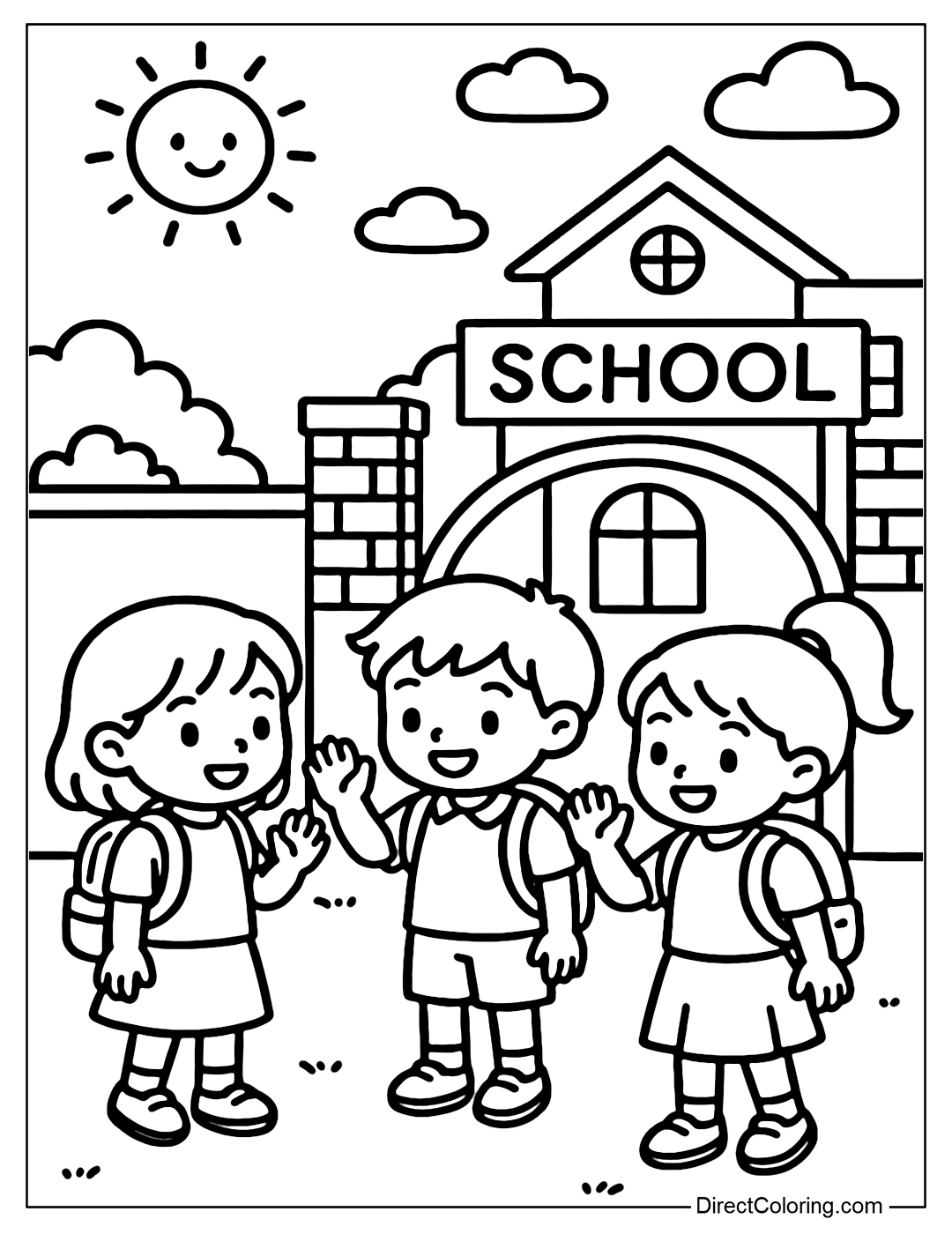 Coloring page of children waving goodbye to each other at the school gate at the end of the school day, in the cool afternoon.
