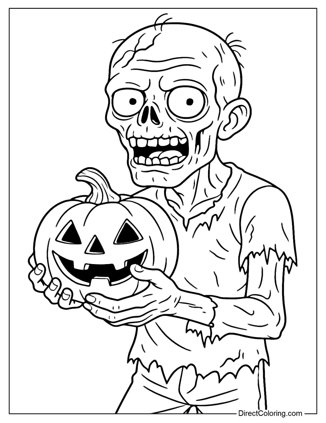 A zombie coloring page holding a Jack-o'-lantern pumpkin, the face is both scary and mischievous, suitable for Halloween.