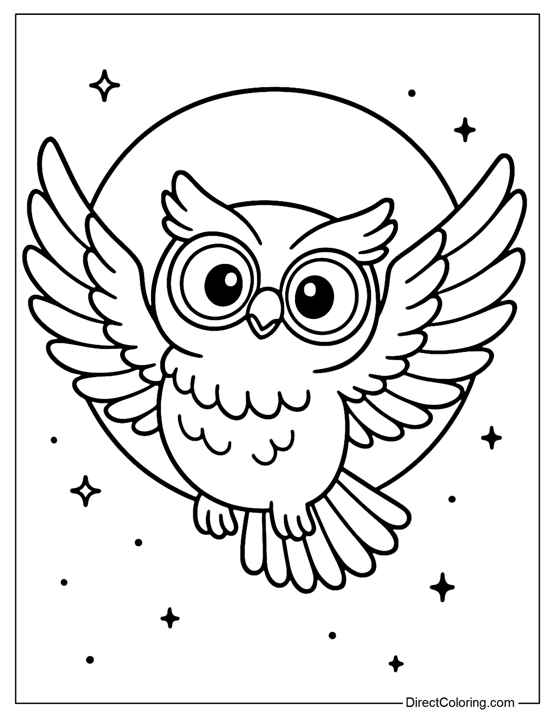An owl flying in front of a giant full moon, its wings are wide open and its feathers are spread out in detail.